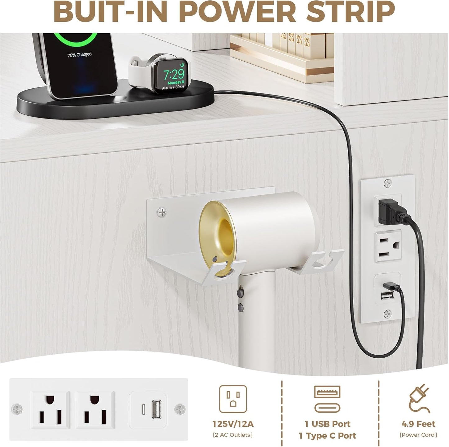 IRONCK White Vanity Desk with Adjustable 3 LED Modes, Stool Included