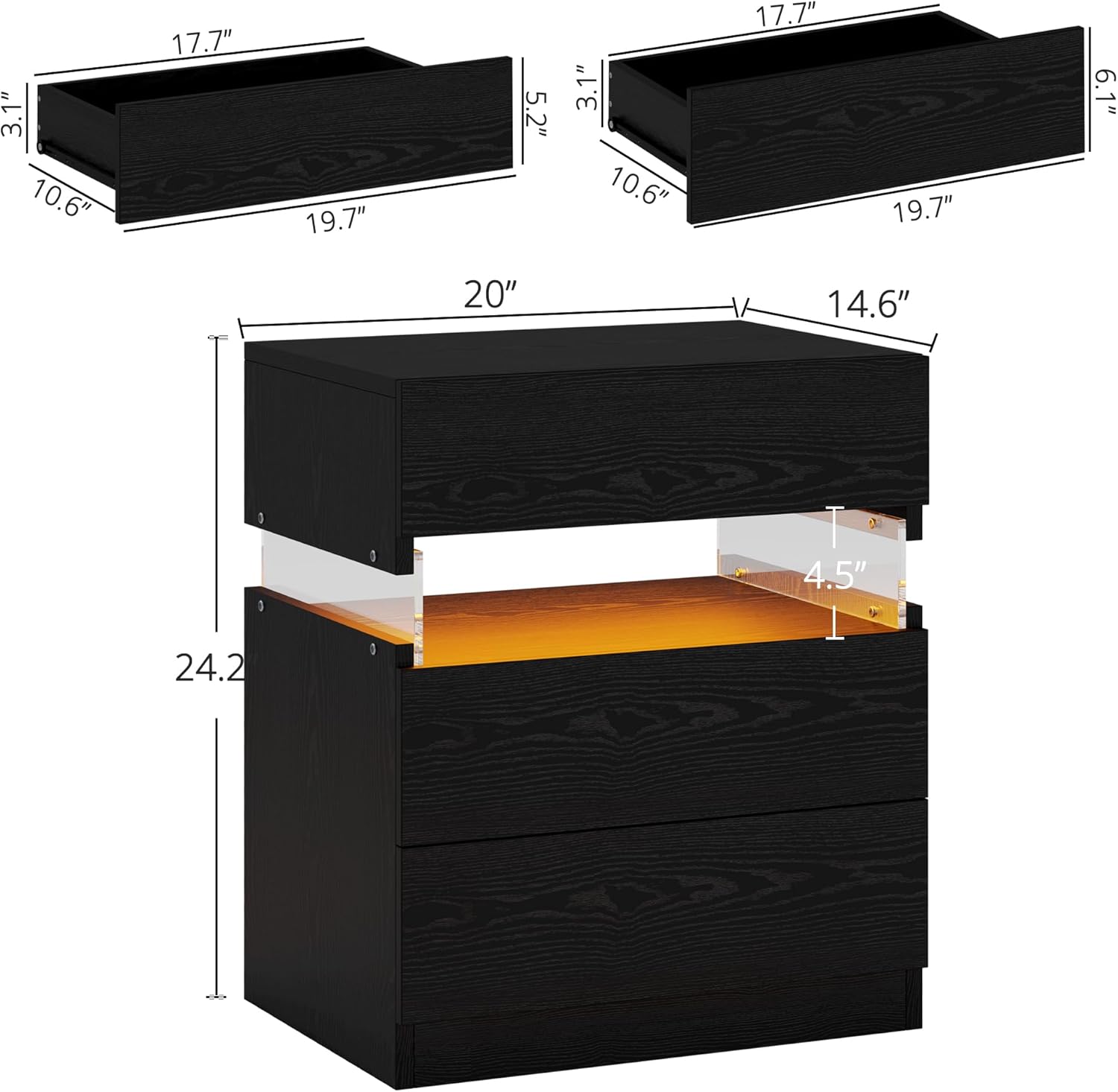 IRONCK Nightstand with 3 Drawers,  LED Light, Storage for Bedroom, Black