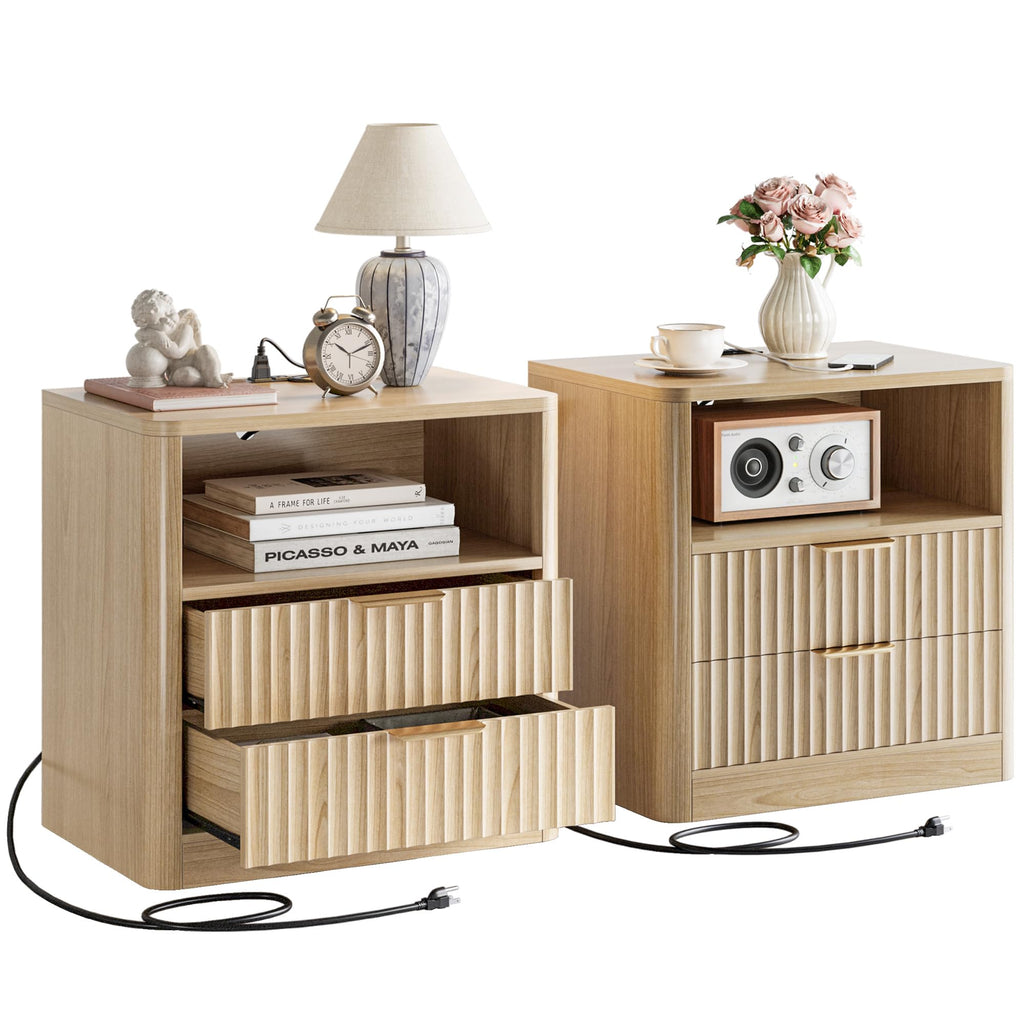 IRONCK Fluted Night Stand Set of 2, with Charging Station, Drawers and Open Shelves, Oak