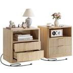 IRONCK Fluted Night Stand Set of 2, with Charging Station, Drawers and Open Shelves, Oak