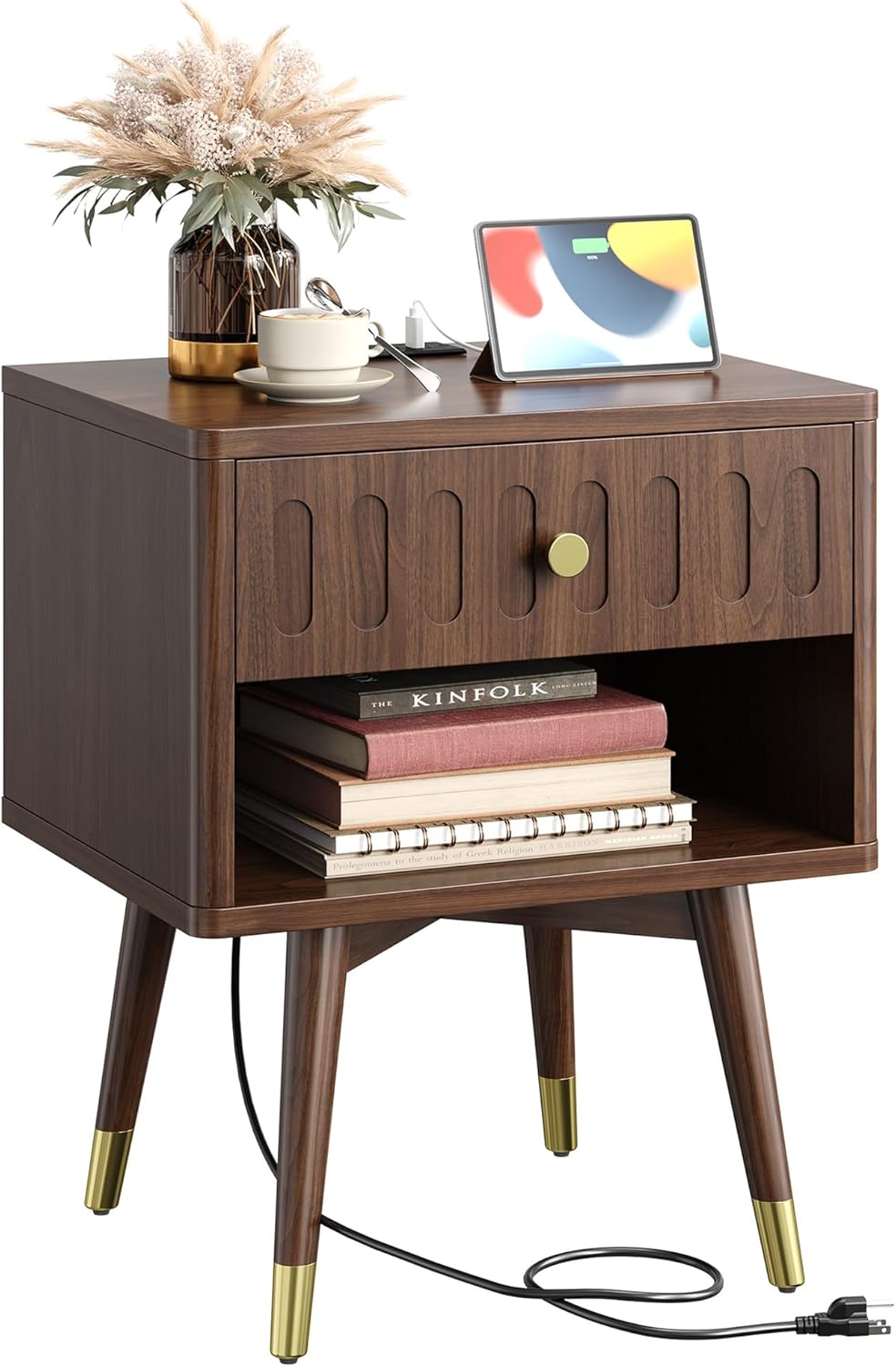 IRONCK Nightstand with Charging Station, Fluted Night Stand Set of 2，Bed Side Table with Drawer，Open Shelf and Sturdy Metal-Capped Legs, End Table for Bedroom, Walnut