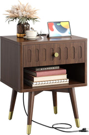 IRONCK Nightstand with Charging Station, Fluted Night Stand Set of 2，Bed Side Table with Drawer，Open Shelf and Sturdy Metal-Capped Legs, End Table for Bedroom, Walnut