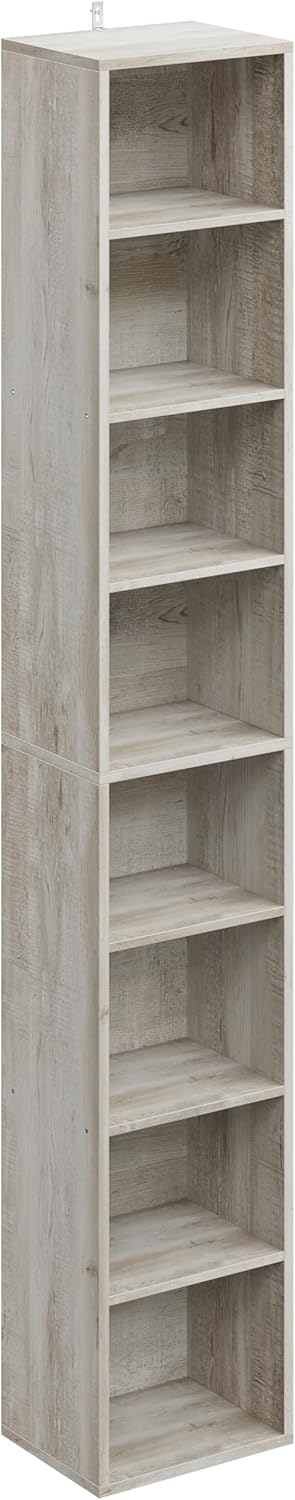 7 Furniture Tall Narrow Bookshelf 8 Tiers, Compact Corner Bookcase, Easy to Match for Living Room, Office, Study, Bedroom, White