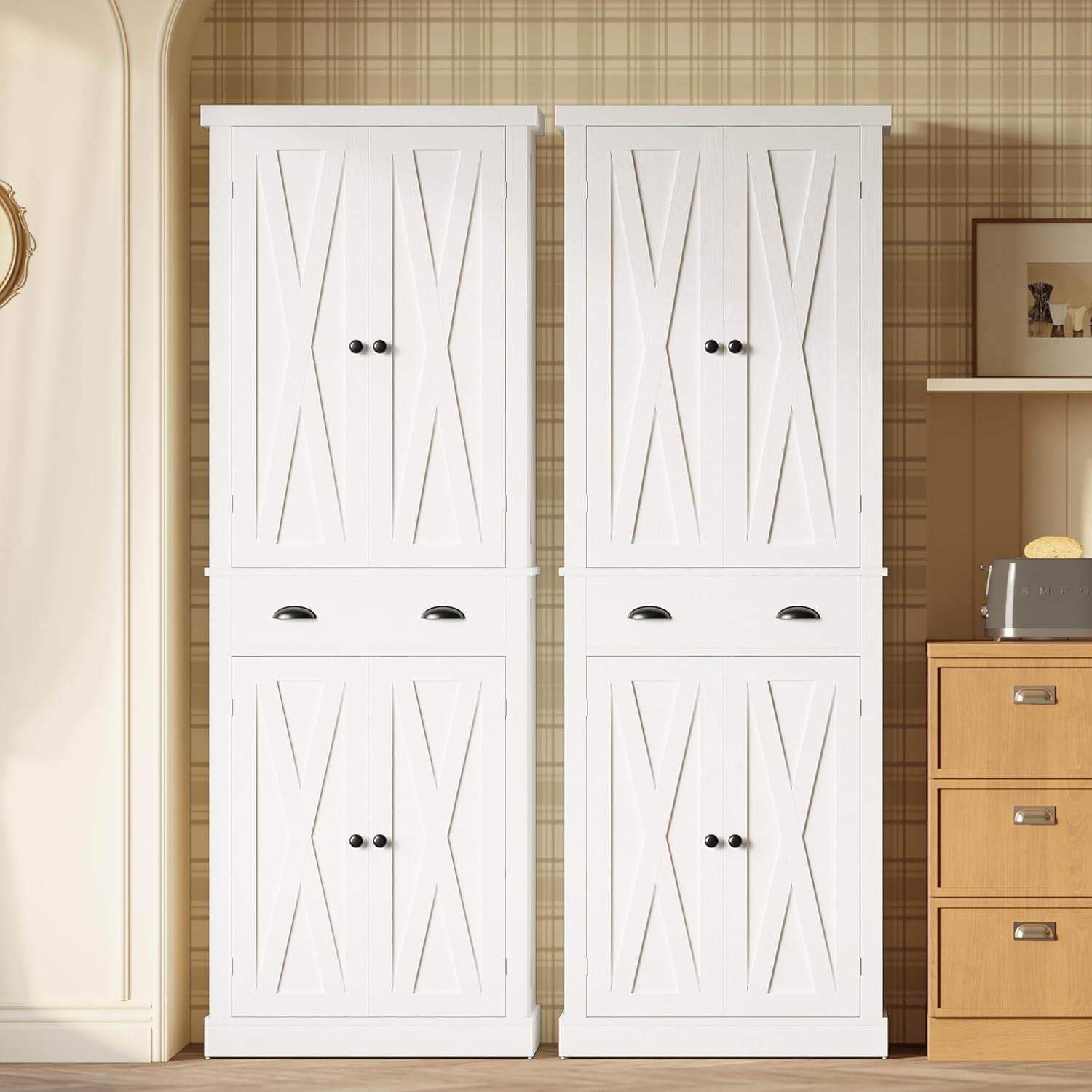 IRONCK Kitchen Pantry Storage Cabinet 72.6" H x 24" W, White | Freestanding Storage Cabinet with Barn Doors, Drawer, and 4 Adjustable Shelves for Laundry Rooms