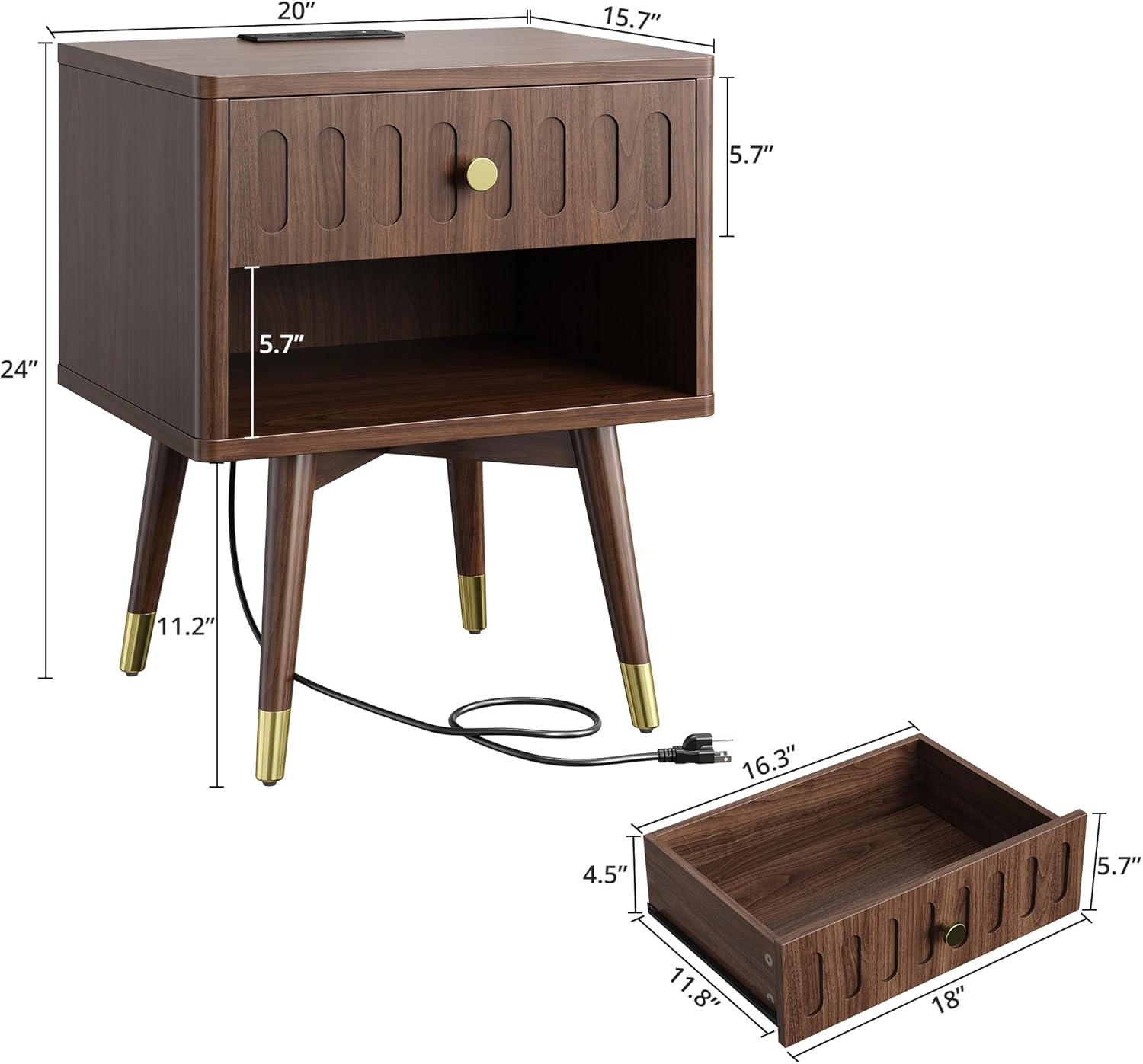 IRONCK Nightstand with Charging Station, Fluted Night Stand Set of 2，Bed Side Table with Drawer，Open Shelf and Sturdy Metal-Capped Legs, End Table for Bedroom, Walnut