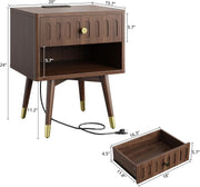 IRONCK Nightstand with Charging Station, Fluted Night Stand Set of 2，Bed Side Table with Drawer，Open Shelf and Sturdy Metal-Capped Legs, End Table for Bedroom, Walnut