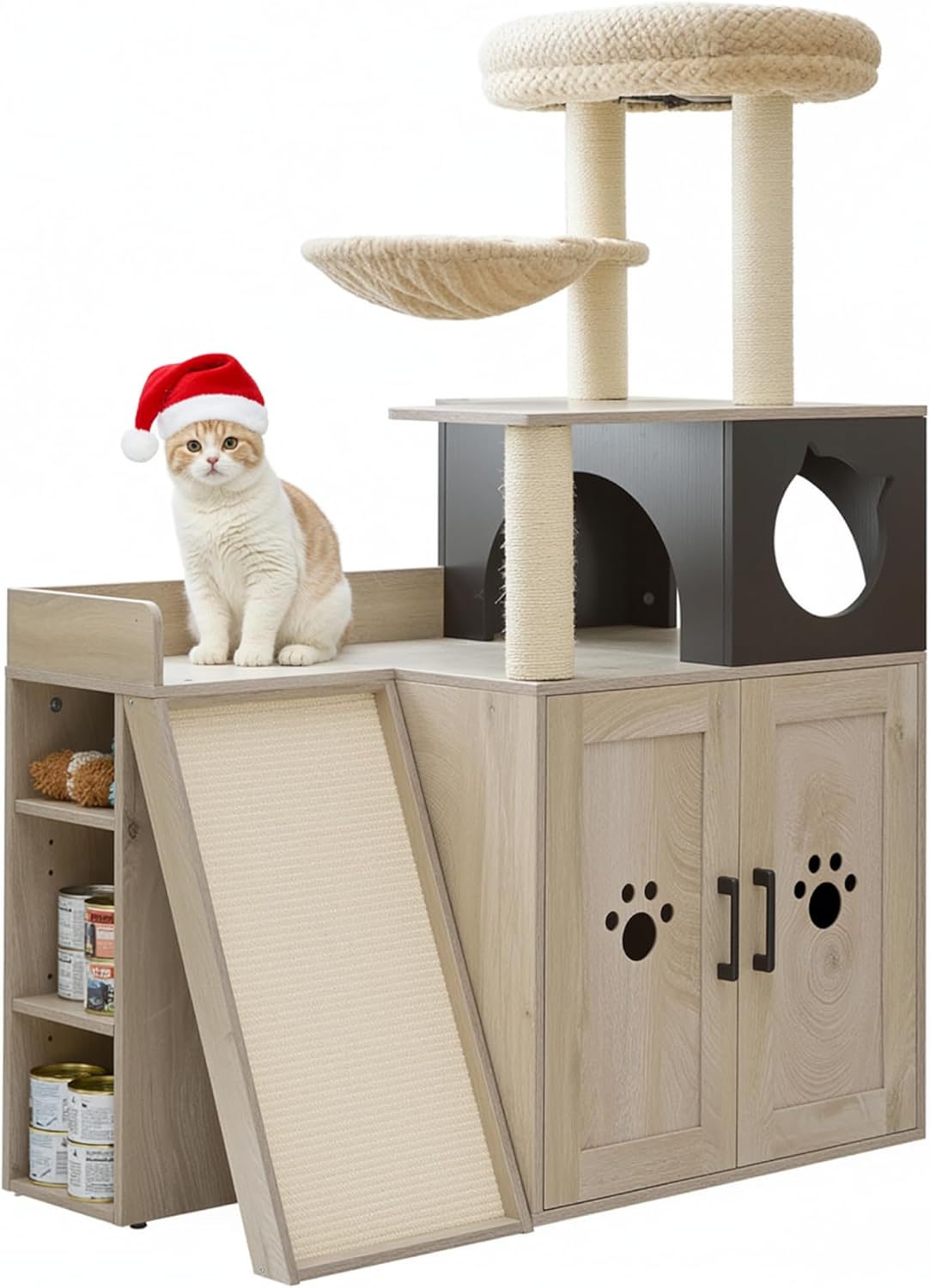 IRONCK Litter Box Enclosure with Cat Tree, 46" Hidden Litter Box with Sisal Scratching Ladder and Storage, Greige
