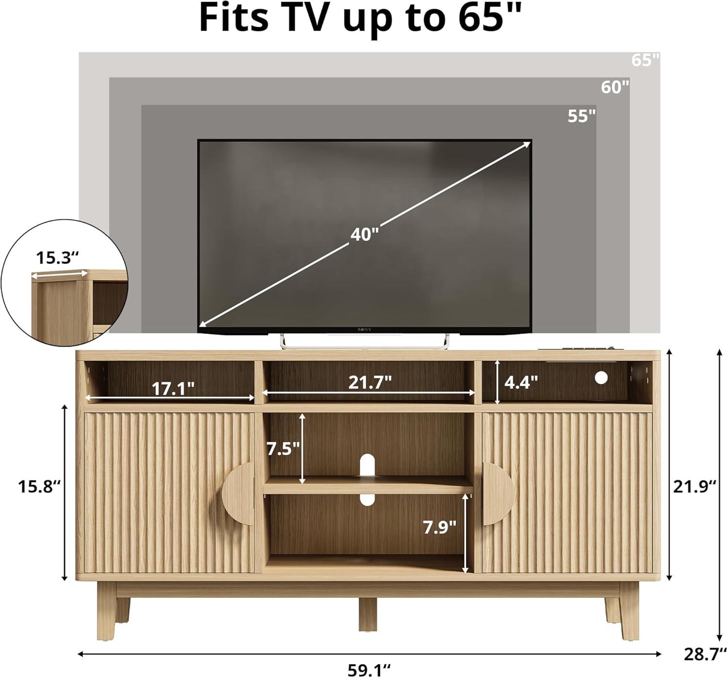 IRONCK TV Stand for 65 Inch TV, 59 Inch Entertainment Center with Storage and Charging Station, Modern Media Console with 3 Adjustable Shelf, Fluted Doors Design, Natural Oak
