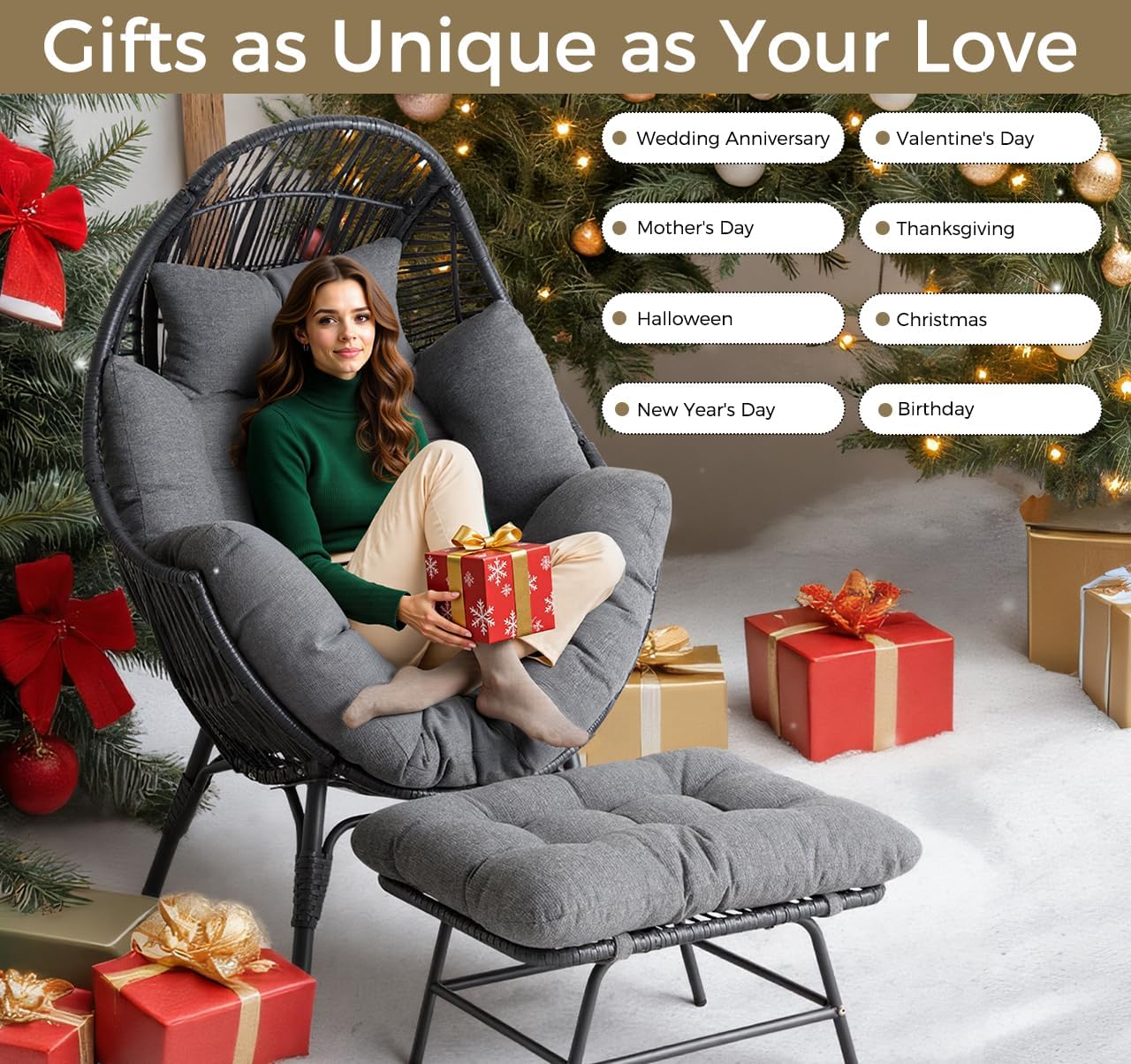 IRONCK Wicker Outdoor Egg Chair with Ottoman, Patio Lounge Chair, Dark Gray