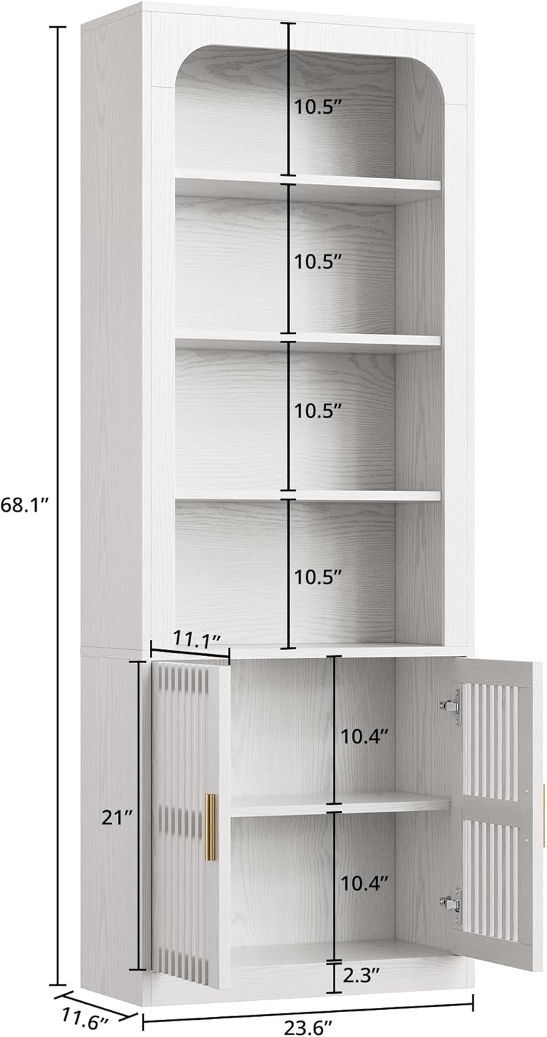 IRONCK Mid-Century Book Shelf, 6-Tier Floor Standing Bookcase with Grille Doors, Tall Storage Shelves for Display & Organizing, Suitable for Home Office, Living Room (White)