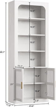 IRONCK Mid-Century Book Shelf, 6-Tier Floor Standing Bookcase with Grille Doors, Tall Storage Shelves for Display & Organizing, Suitable for Home Office, Living Room (White)