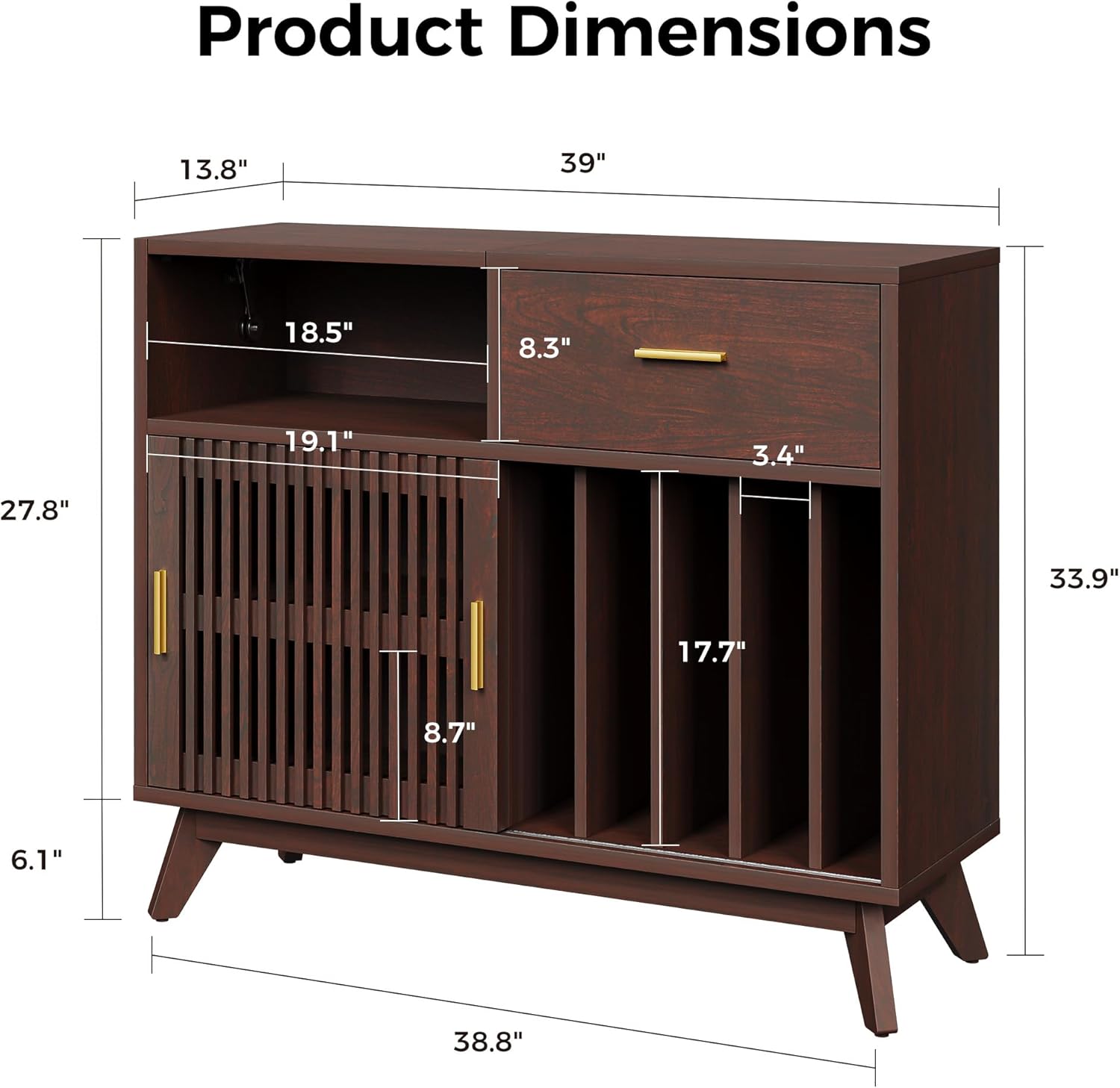 IRONCK Large Record Player Stand, 500+ Vinyl Record Storage Cabinet with Drawer, Record Player Table with Sliding Door & Flip-Top, Mid-Century Modern Turntable Stand for Living Room, Red Walnut