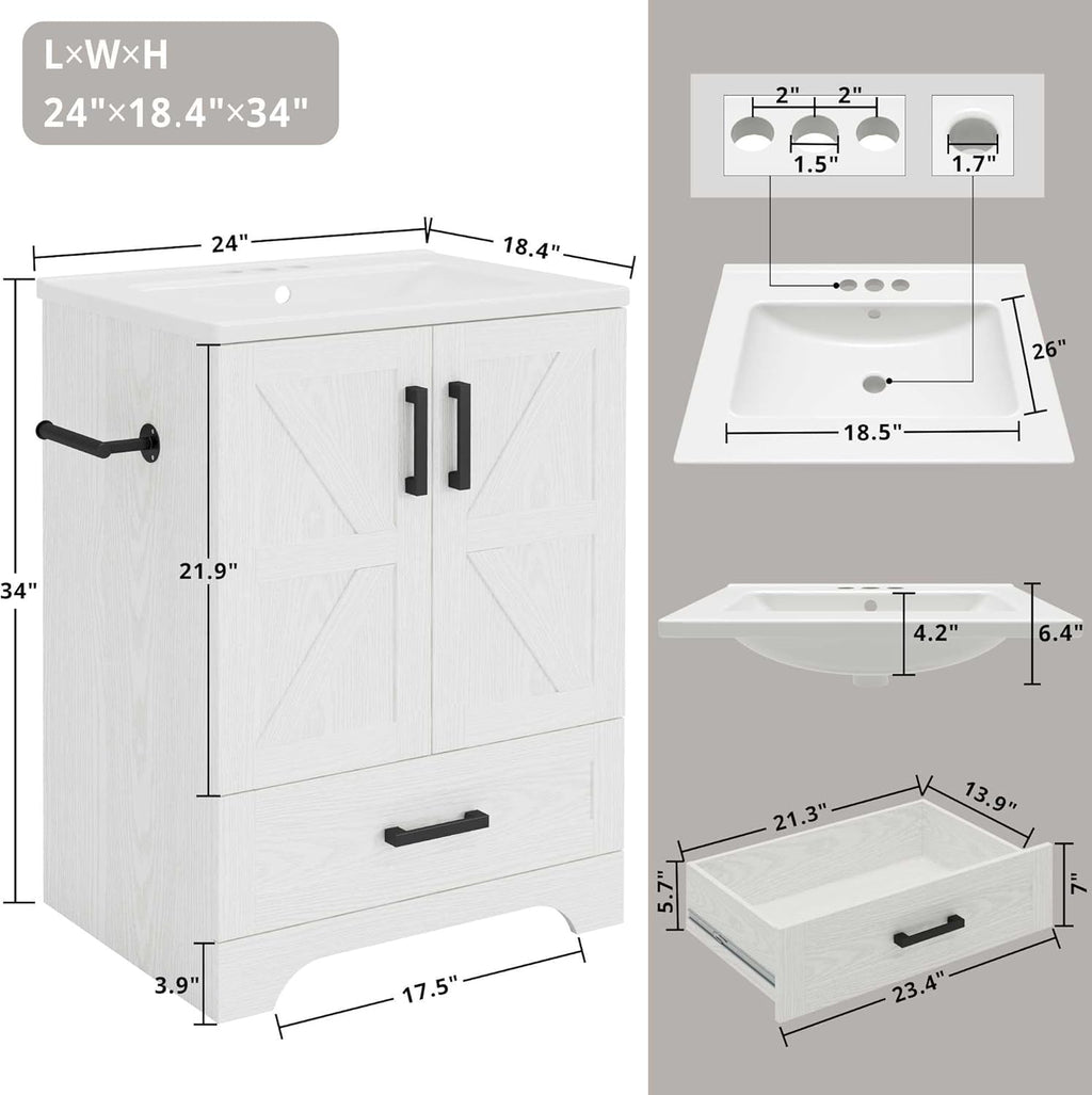 IRONCK 24" Wood Fixture Stand Bathroom Vanity with Sink, Easy Assembly