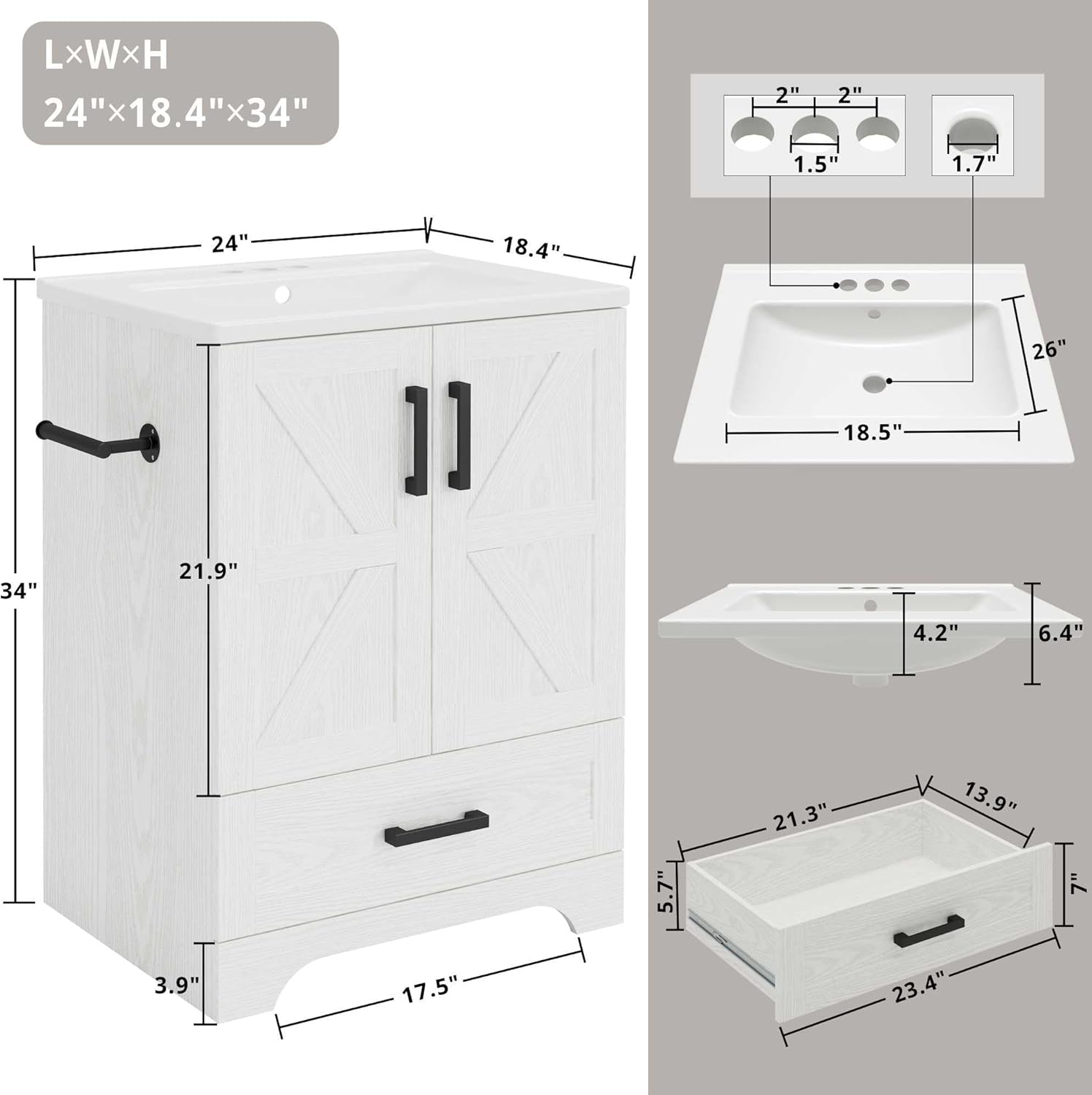 IRONCK 24" Wood Fixture Stand Bathroom Vanity with Sink, Easy Assembly