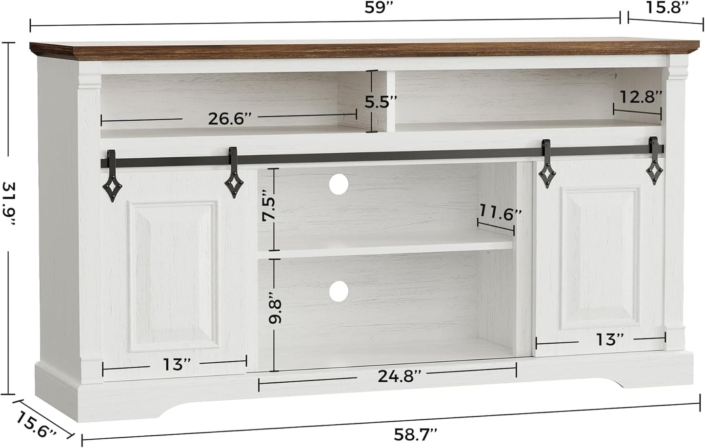 IRONCK Farmhouse TV Stand, 59" Entertainment Center with Storage Cabinets, White