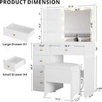 IRONCK Small Makeup Vanity Table with 5 Drawers, Power Outlet, and Vanity Stool