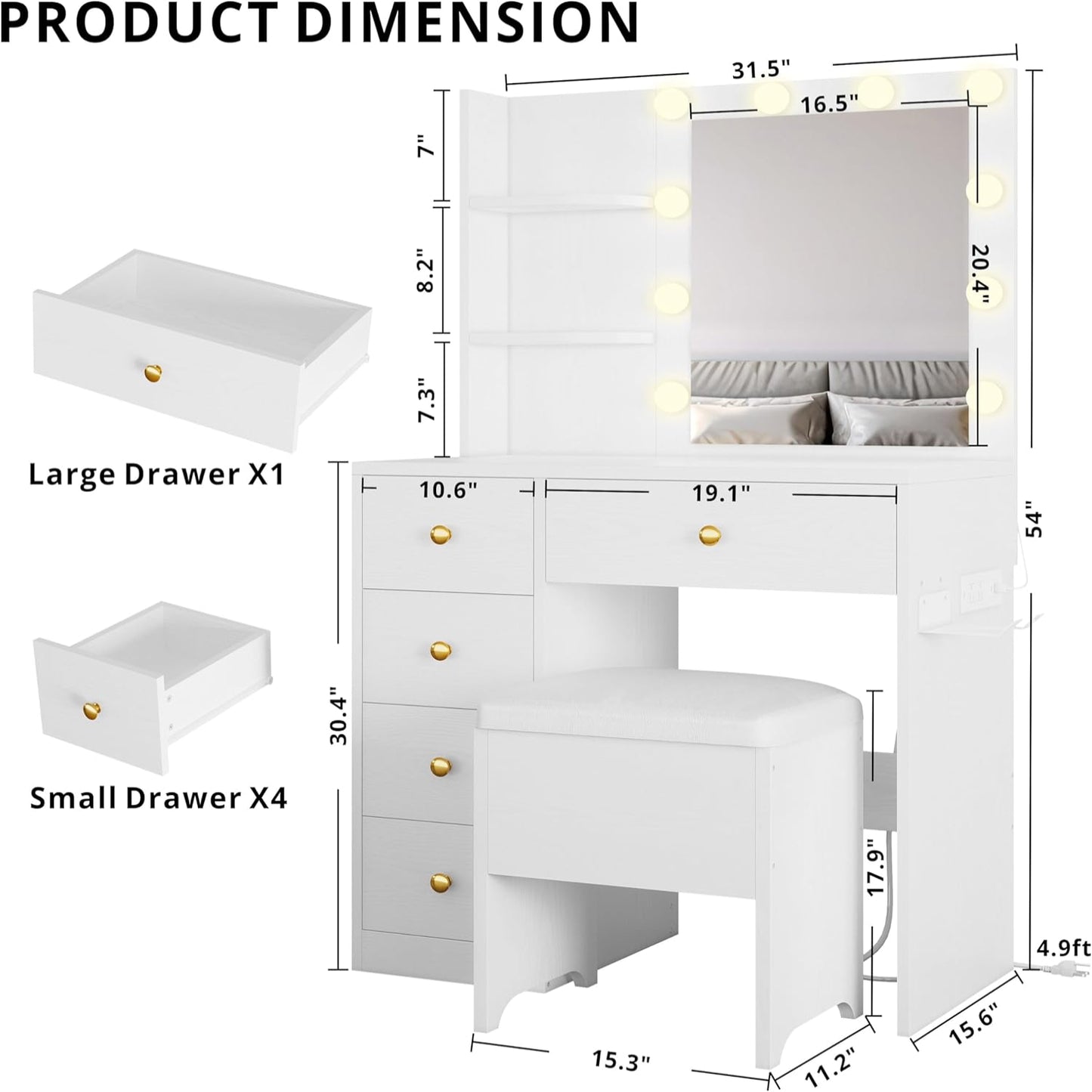 7 Furniture Vanity Desk with Mirror and Lights, Small Makeup Vanity Table with 5 Drawers, Power Outlet, and Vanity Stool, 3 Lighting Colors, Dressing Table for Women Girls Bedroom, White