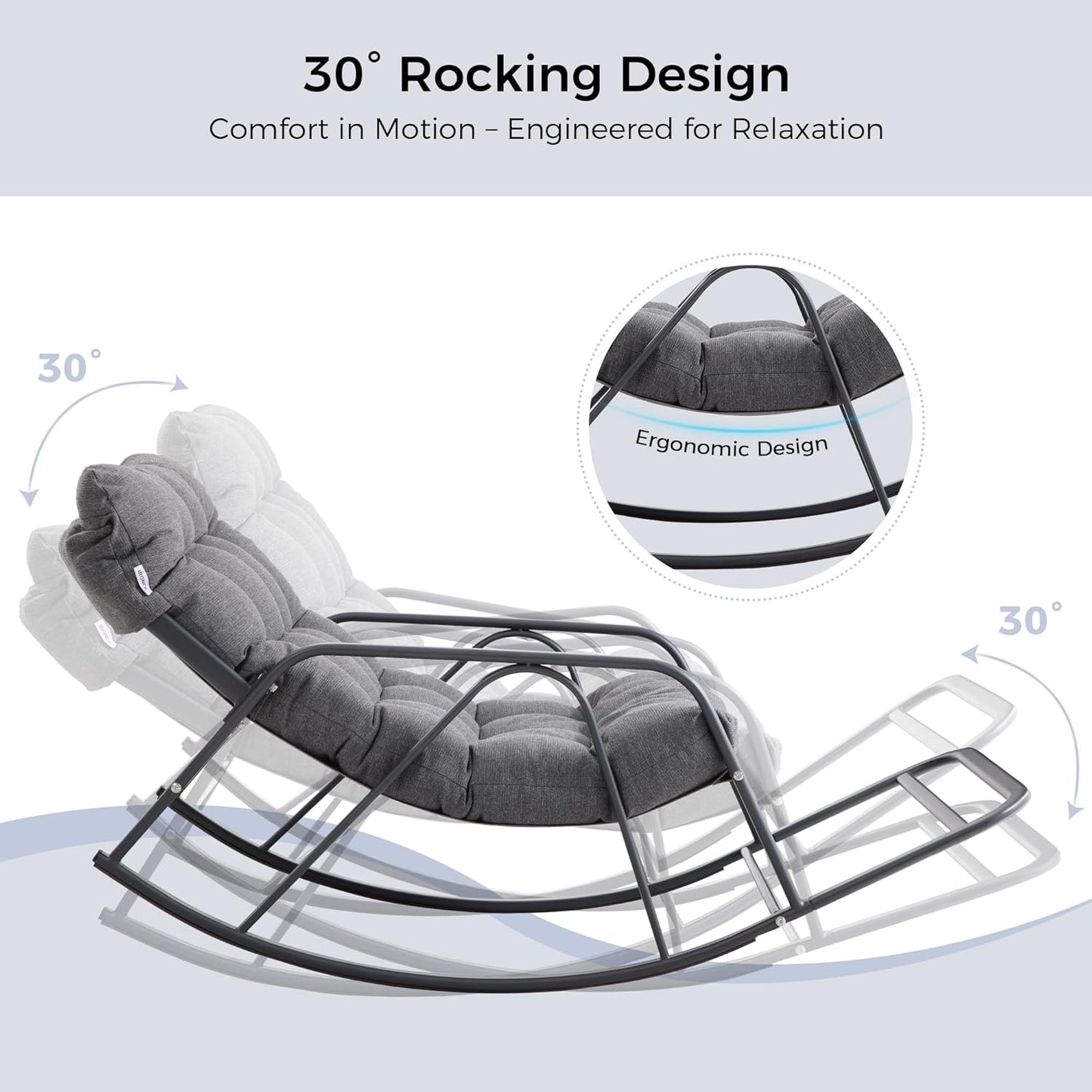 IRONCK Patio Rocking Chair with Cushion, Oversized Outdoor Rocking Chair, Gray