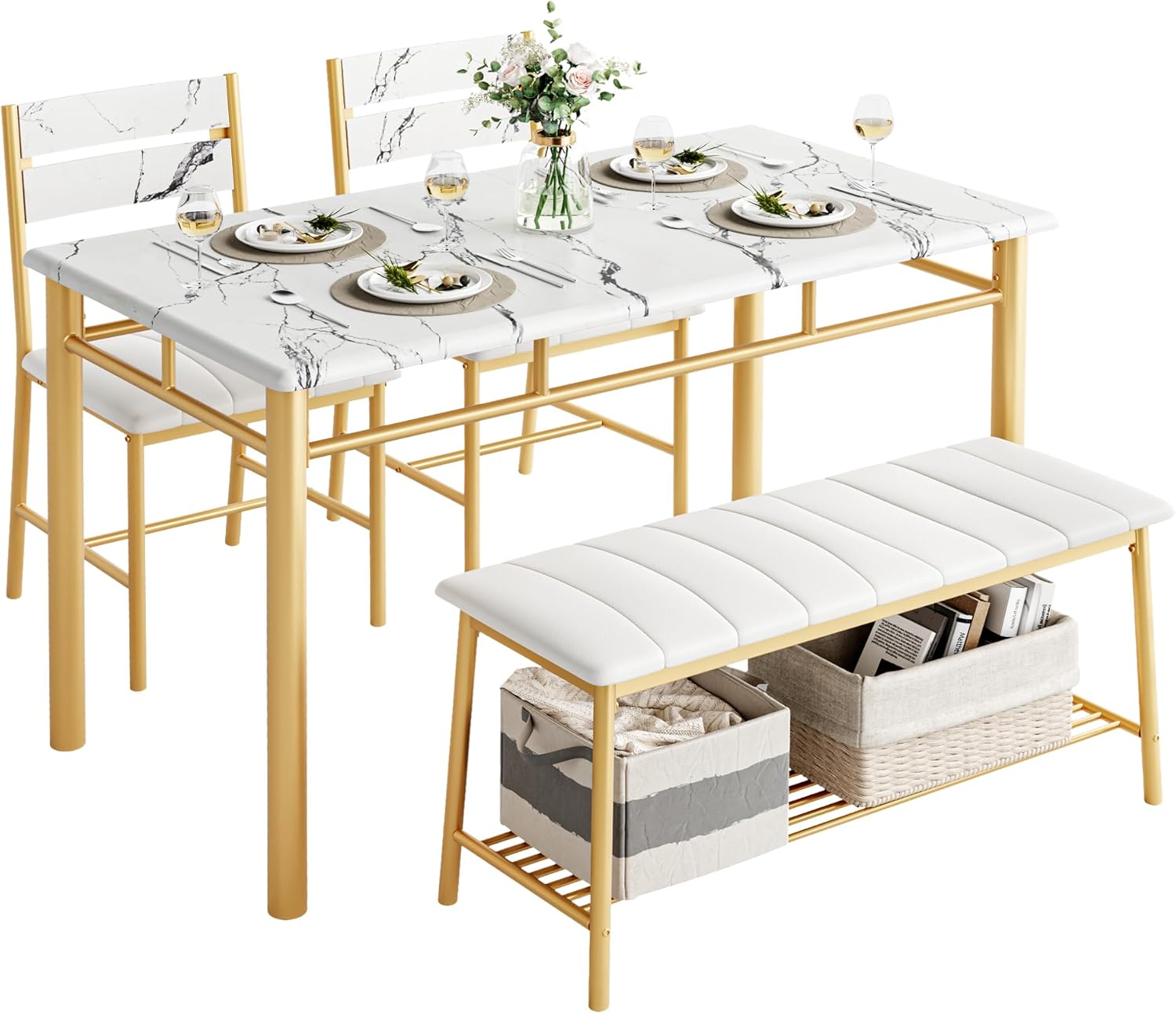 IRONCK Dining Table Set for 4, with Upholstered Bench and 2 Chairs