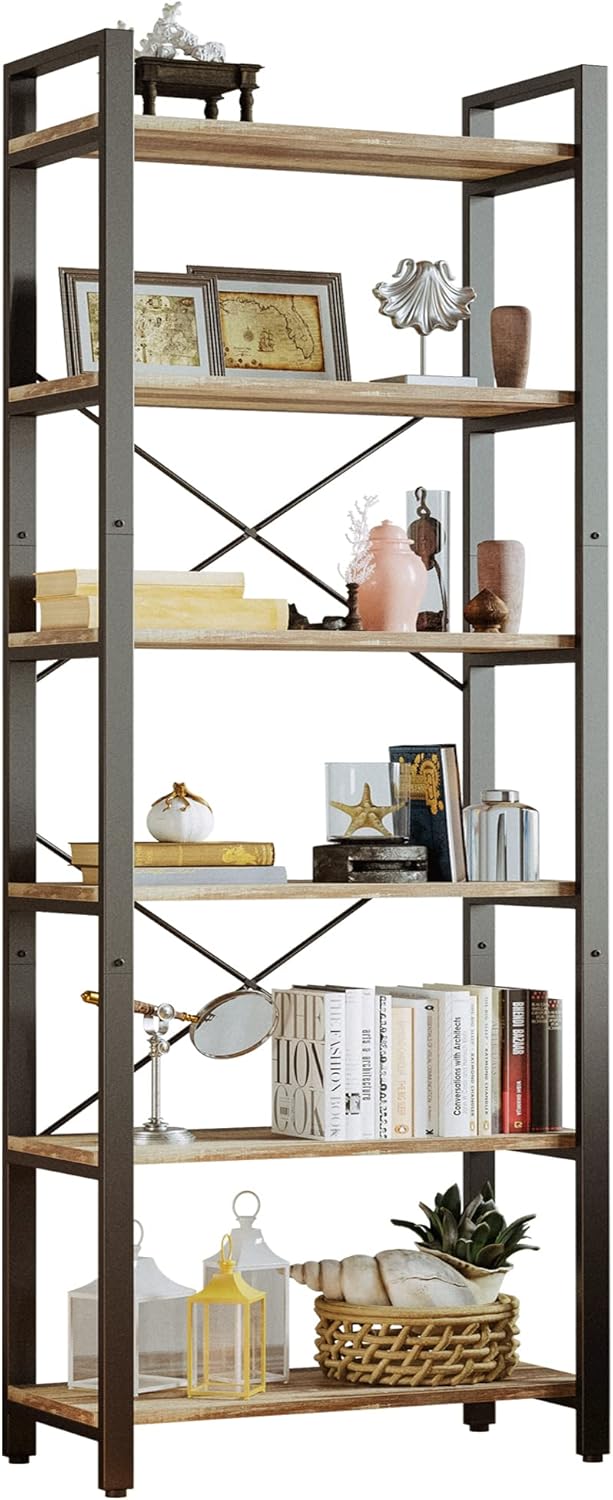 7 Furniture Bookshelf 6-Tier Ladder Shelf 110lbs Display Shelf Vintage Industrial Style Bookcase for Home Office, Living Room