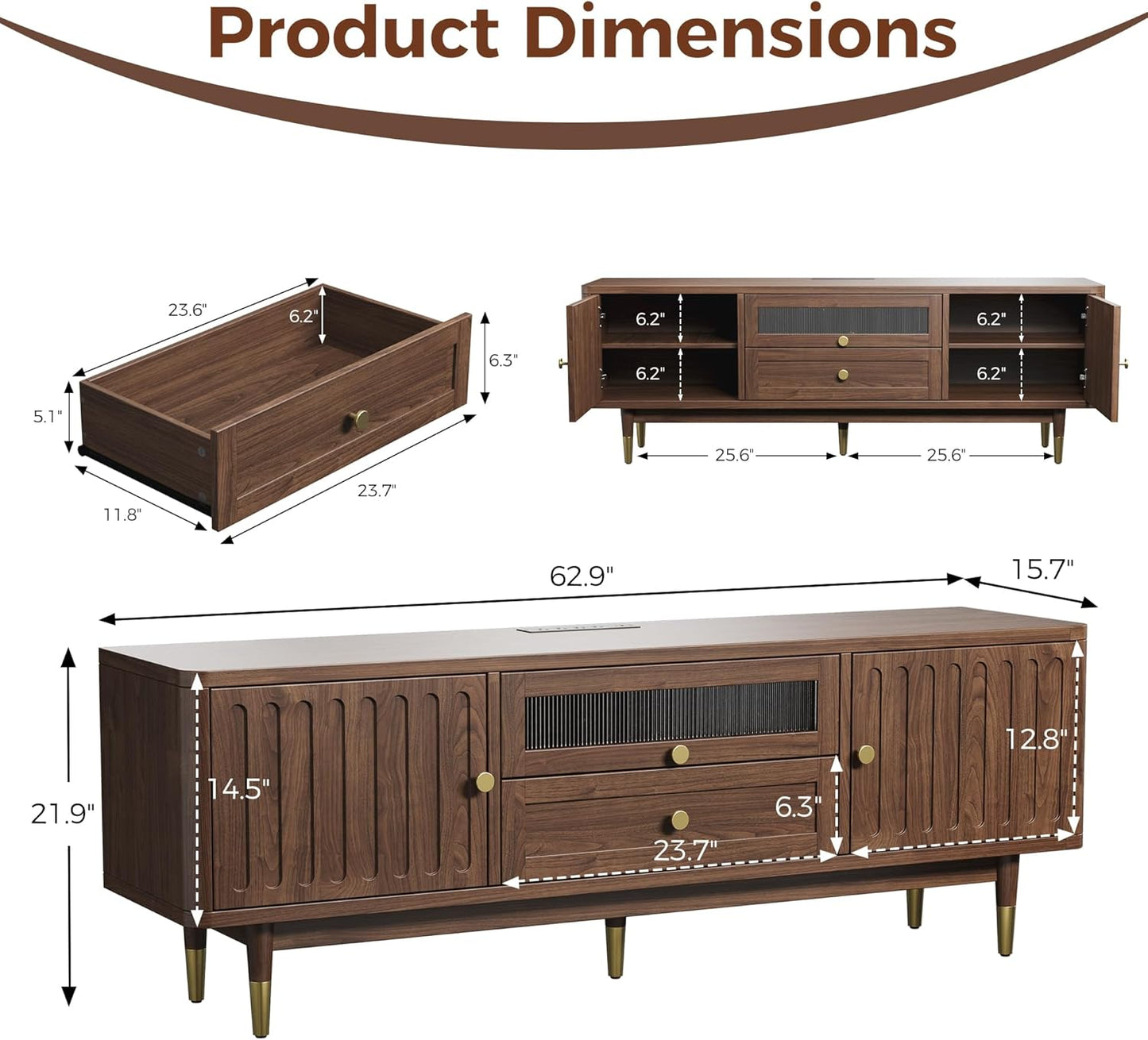 IRONCK TV Stand for 70 Inch TV, LED Lighting and Charging Station, Walnut
