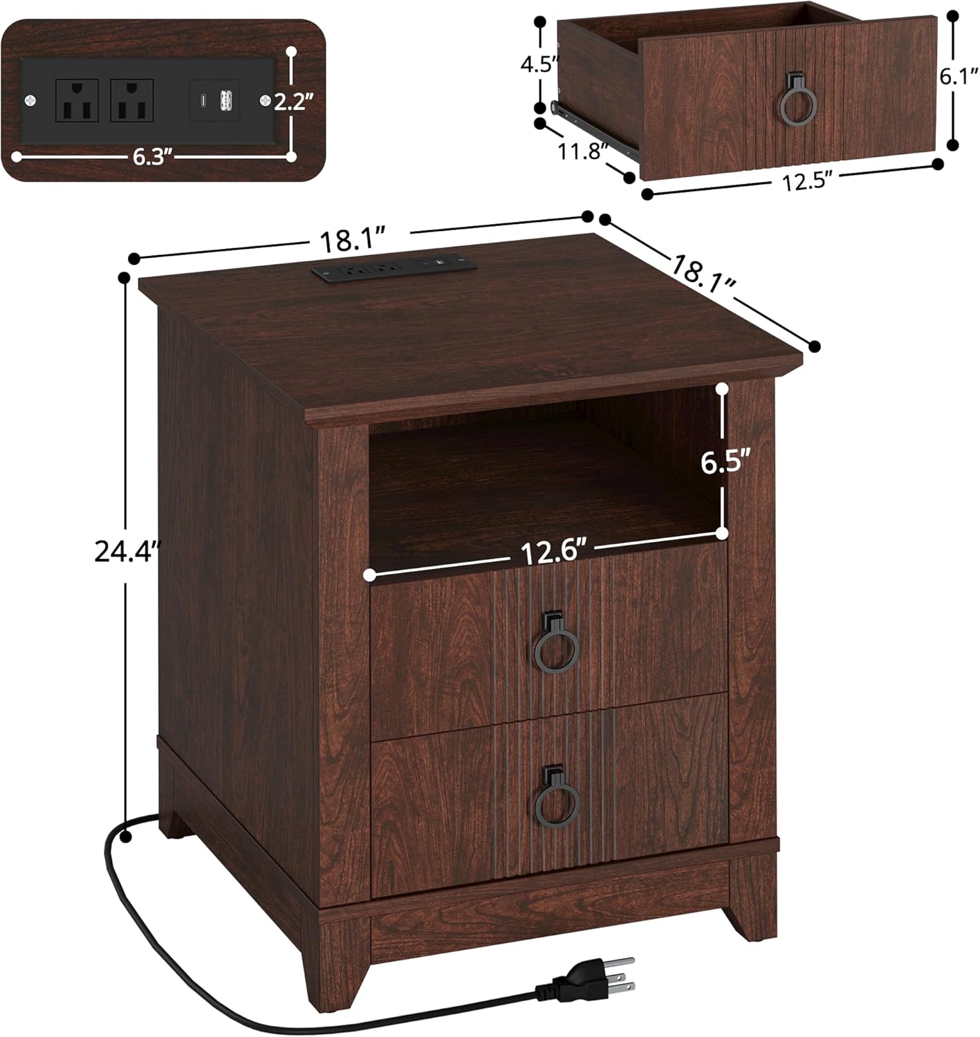 IRONCK Night Stand with Charging Station, Bedside Table with 2 Drawers and 1 Open Shelf