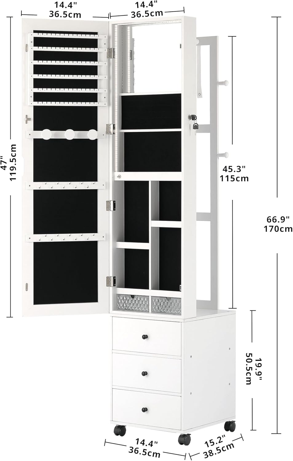 Jewelry Armoire with Mirror & 3 Drawers