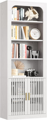 IRONCK Mid-Century Book Shelf, 6-Tier Floor Standing Bookcase with Grille Doors, Tall Storage Shelves for Display & Organizing, Suitable for Home Office, Living Room (White)