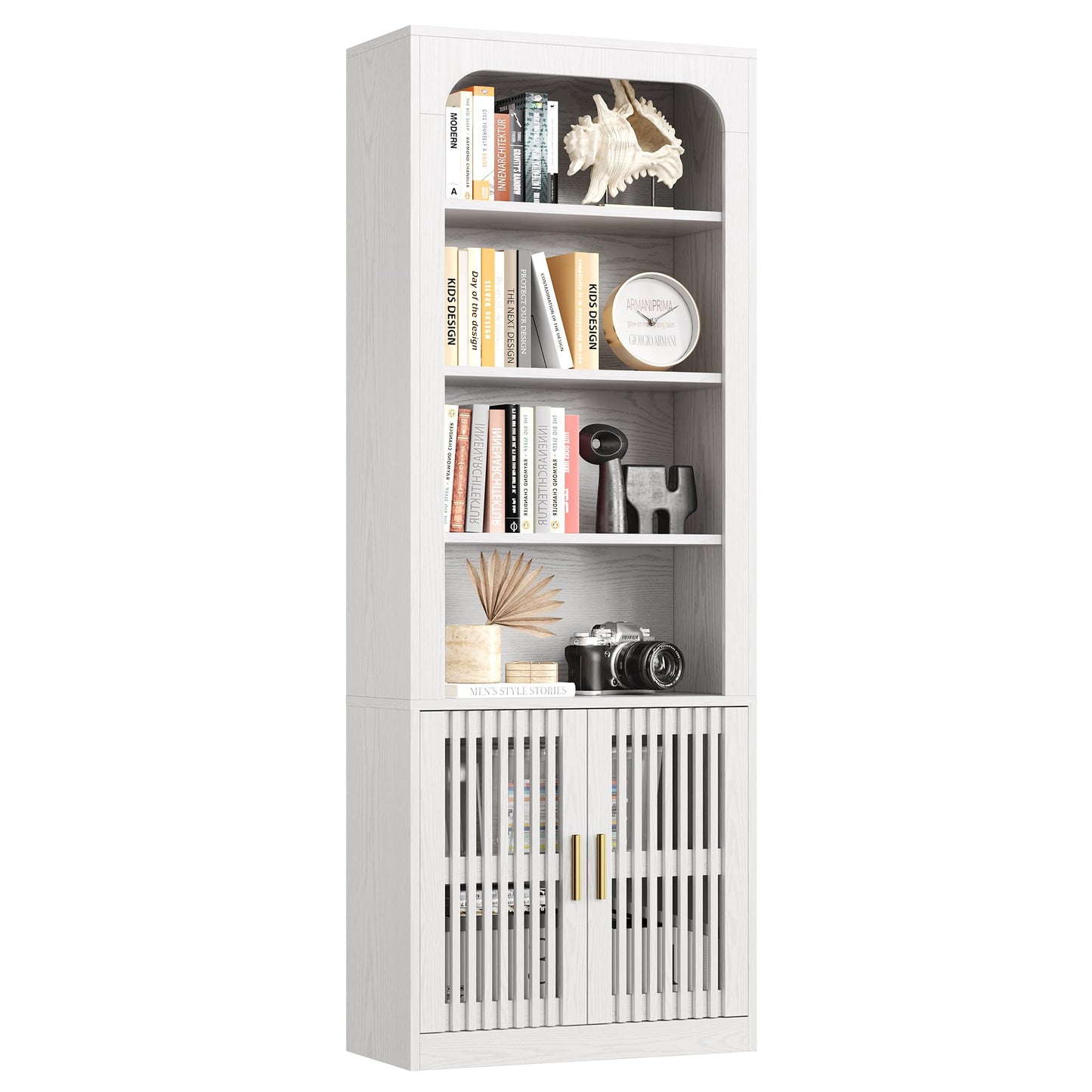 IRONCK Mid-Century Book Shelf, 6-Tier Floor Standing Bookcase with Grille Doors, Tall Storage Shelves for Display & Organizing, Suitable for Home Office, Living Room (White)