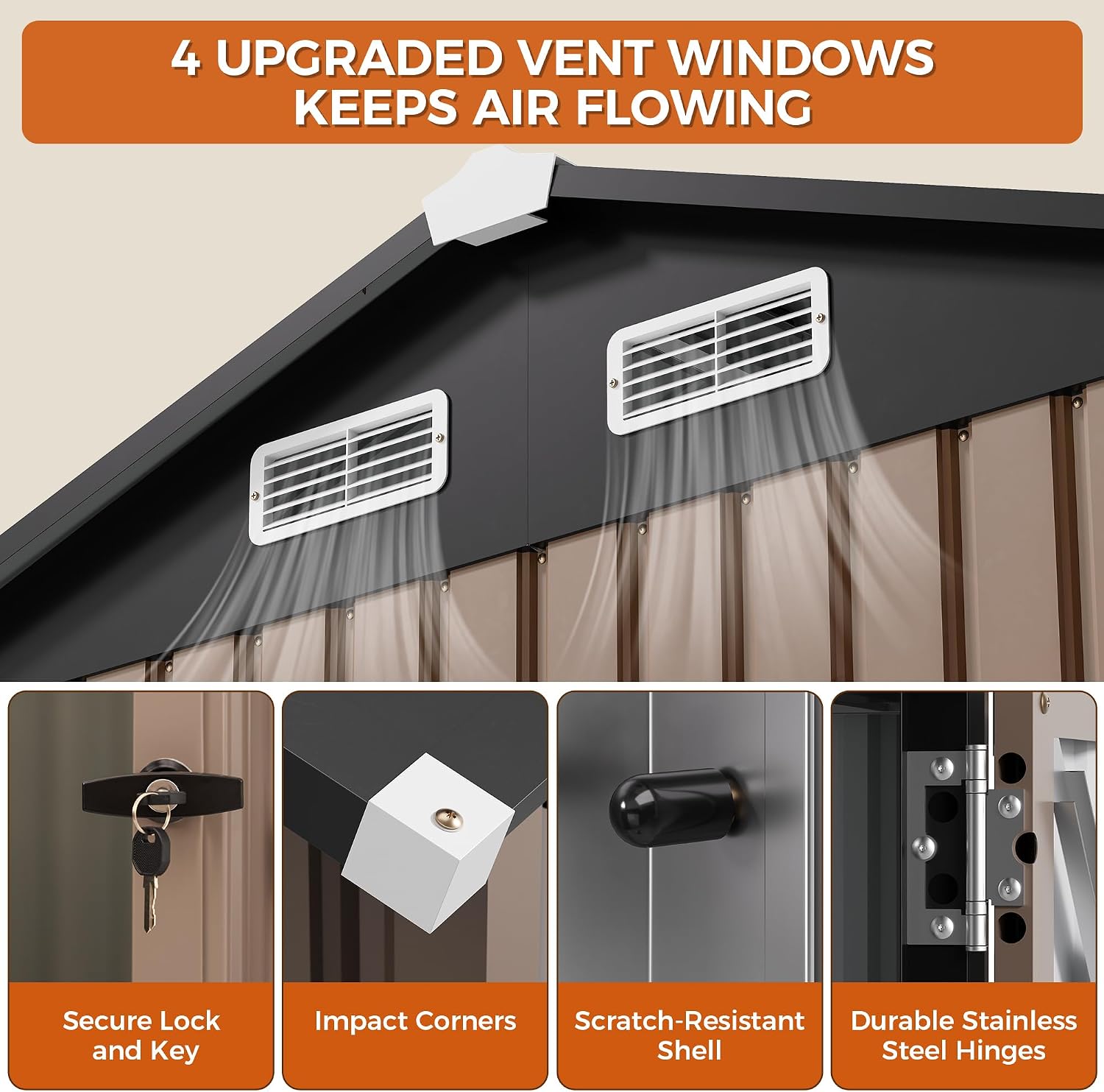 IRONCK 8x6FT Outdoor Storage Shed with Clear Window, Outdoor Shed, Brown Breathable Vent, Lockable Doors, Metal Garden Storage, Tool Shed, For Poolside, Patio, Backyard