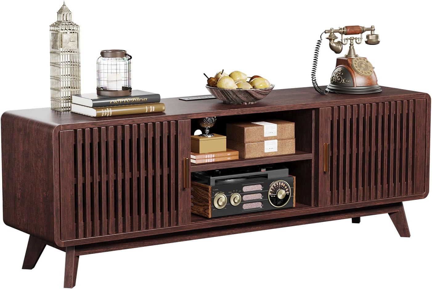 IRONCK 63'' TV Stand for TVs Up to 70", TV Console with 2 Sliding Doors, Red Walnut