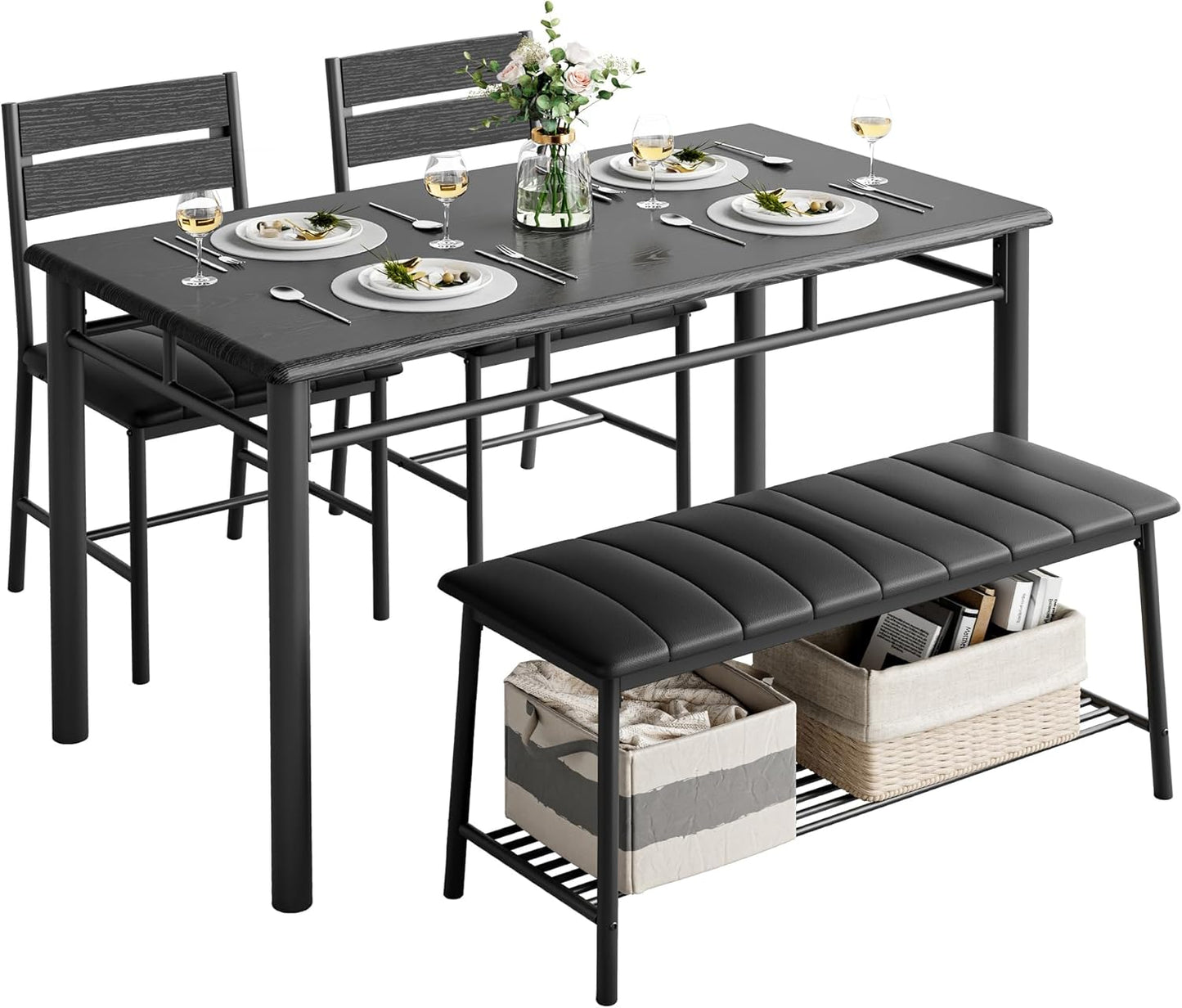 IRONCK Dining Table Set for 4, Kitchen Table with Upholstered Bench and 2 Chairs, Kitchen Table and Chairs Set for Small Space, Apartment, Gray