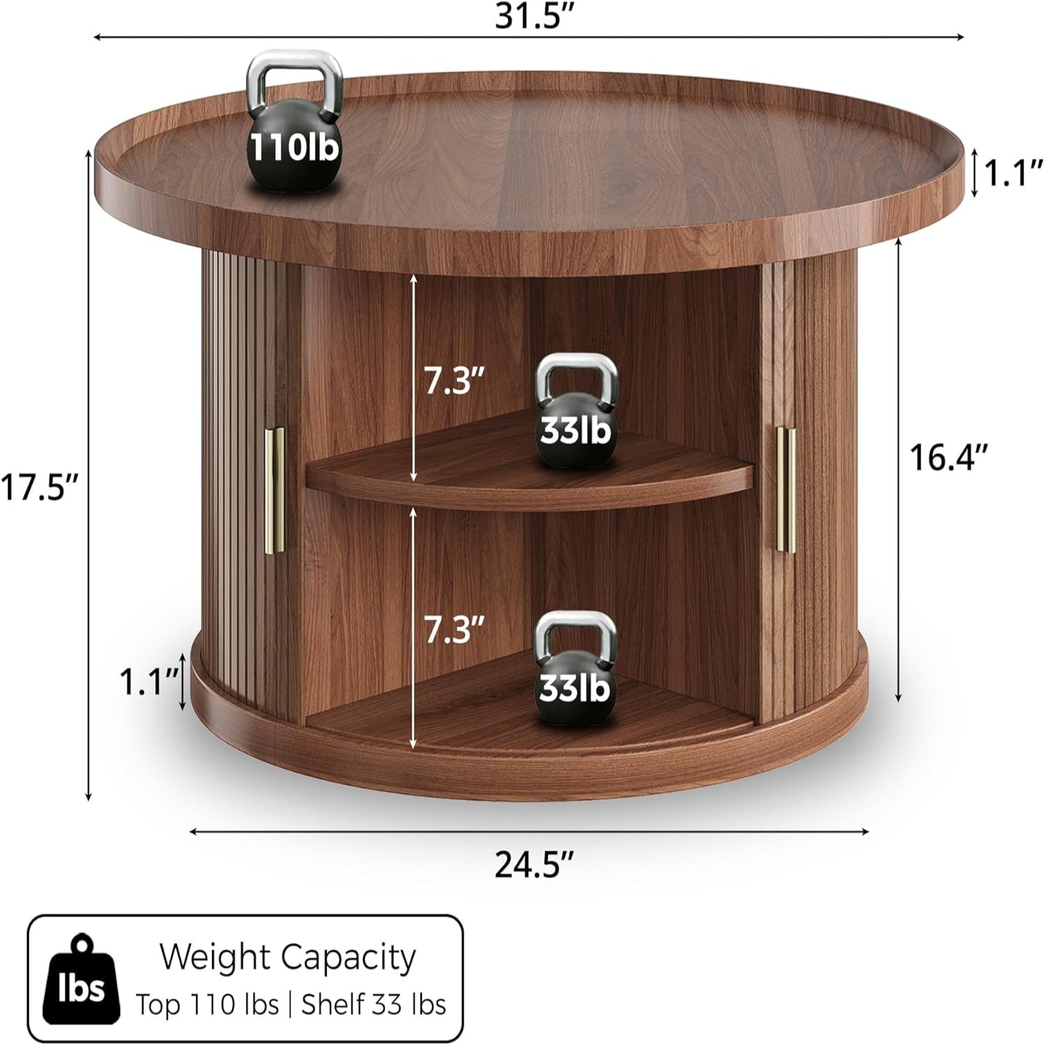 IRONCK 31.5" Round Coffee Table with Storage & Sliding Tambour Door