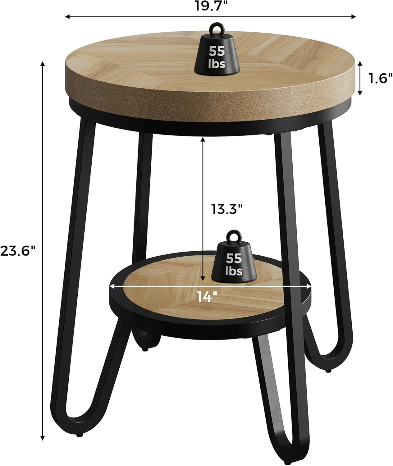 IRONCK 19.7" 2 Tier Round Side Table, Curved Metal Legs, Light Brown