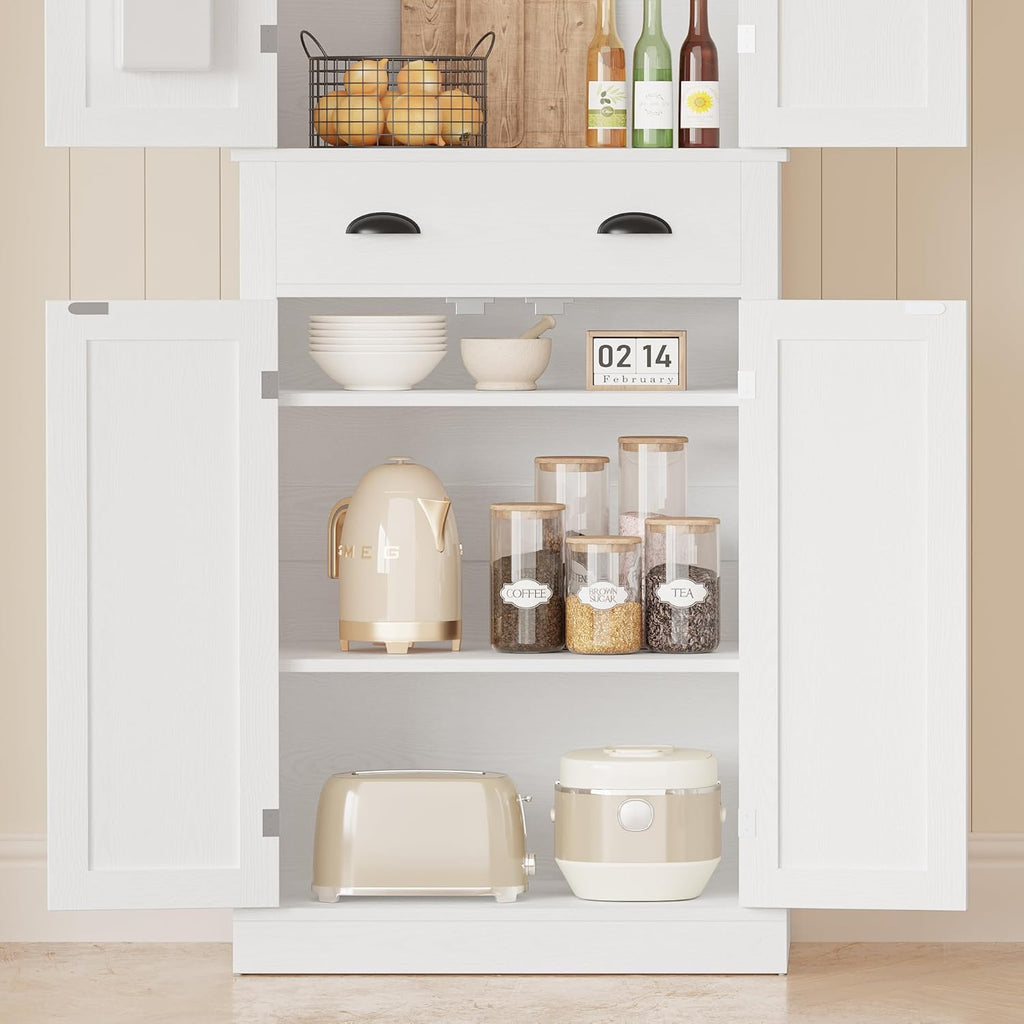 IRONCK Kitchen Pantry Storage Cabinet 72.6" H x 24" W, White | Freestanding Storage Cabinet with Barn Doors, Drawer, and 4 Adjustable Shelves for Laundry Rooms