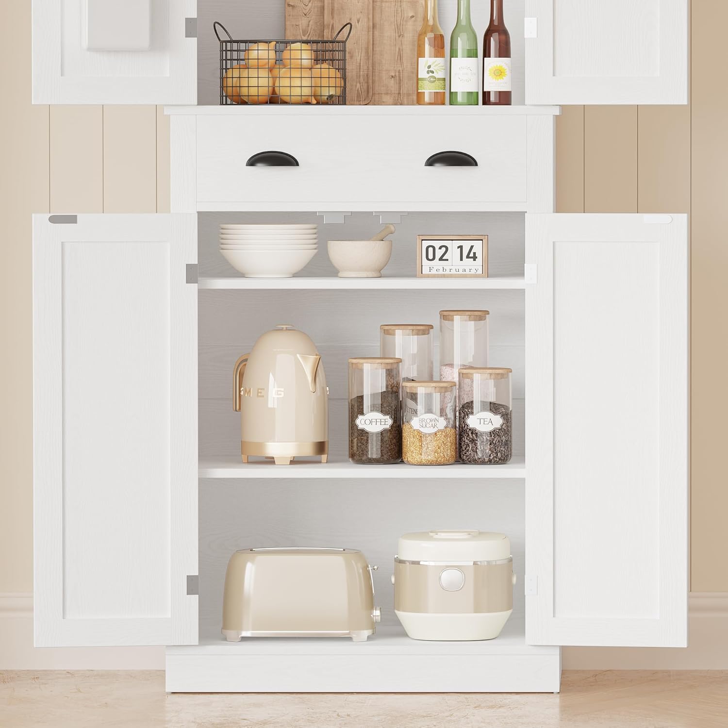 IRONCK Kitchen Pantry Storage Cabinet 72.6" H x 24" W, White | Freestanding Storage Cabinet with Barn Doors, Drawer, and 4 Adjustable Shelves for Laundry Rooms