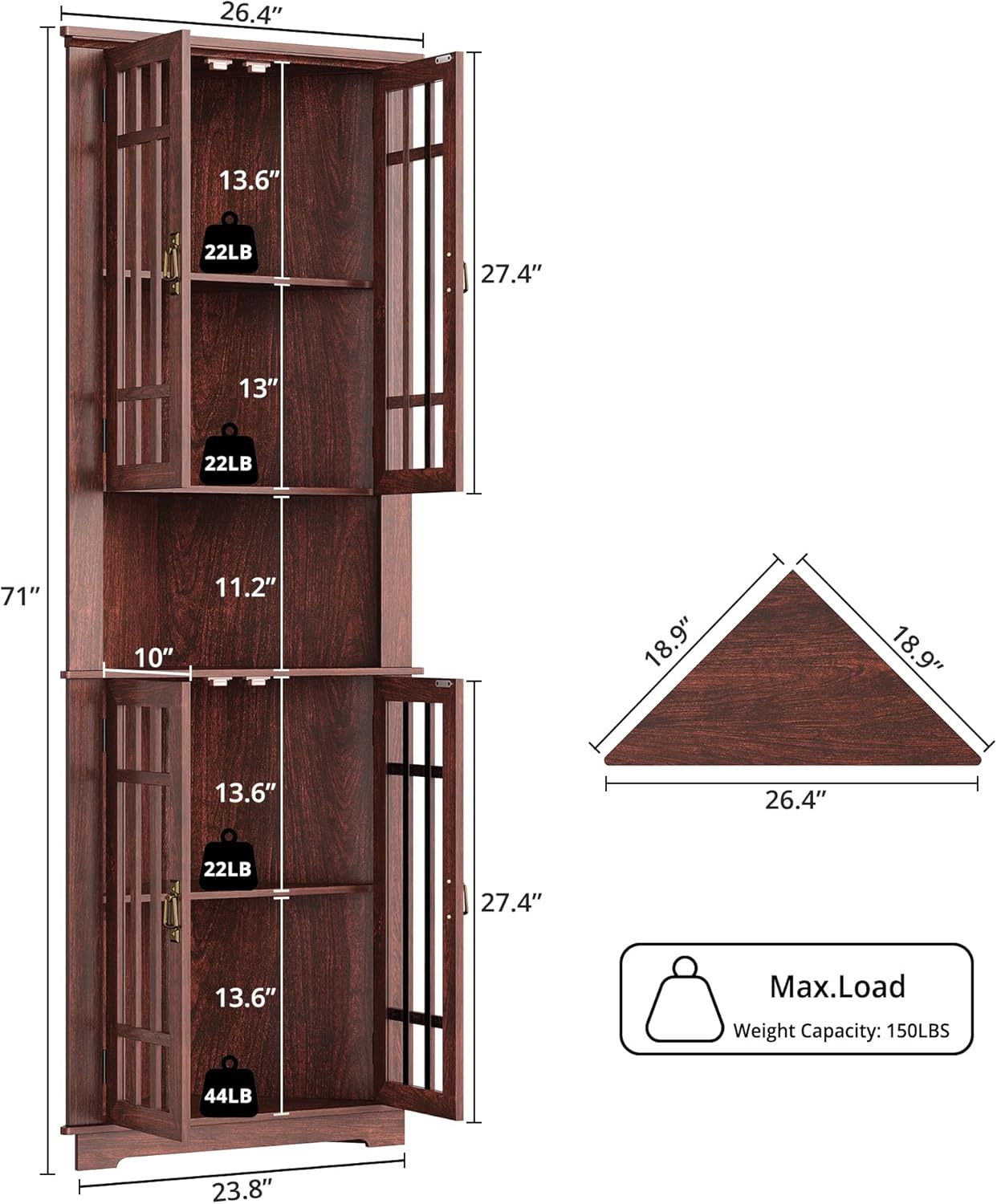 IRONCK  71" Corner Cabinet Storage Cabinet with 4 Glass Doors and 5 Shelves, Red Walnut