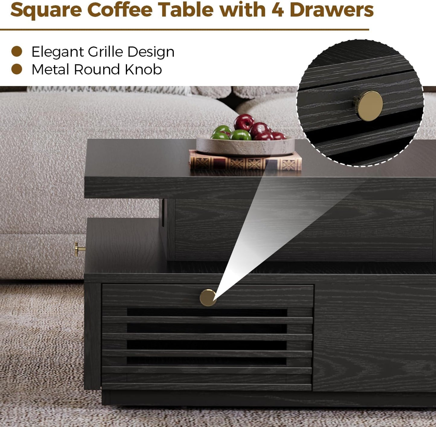 IRONCK Coffee Table with LED Light and Charging Station, 4 Storage Drawers with Grille Design, Square Coffee Table for Living Room Office Reception Room (Black)