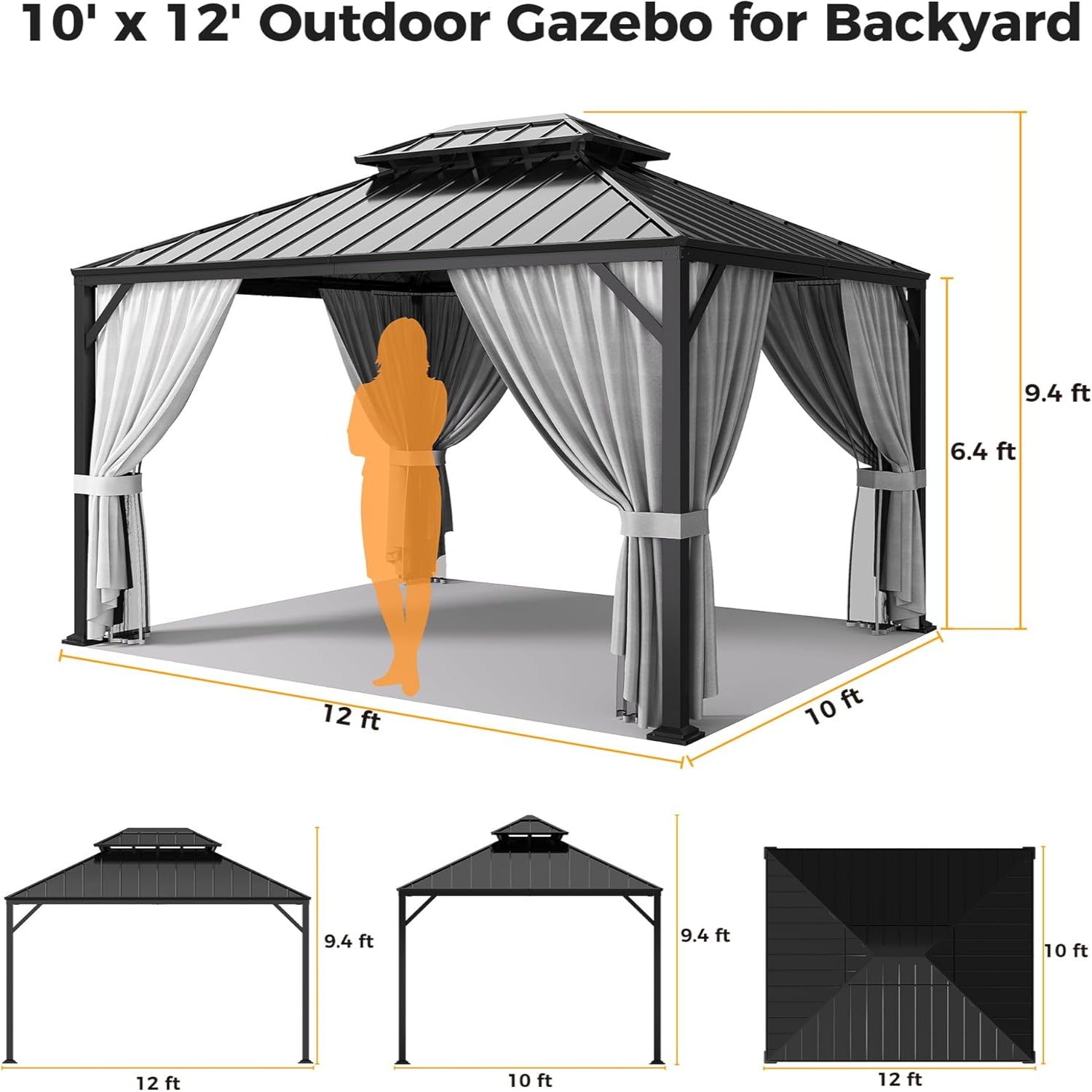 IRONCK Aluminum Patio Gazebo with Double Roof, with Net and Curtain