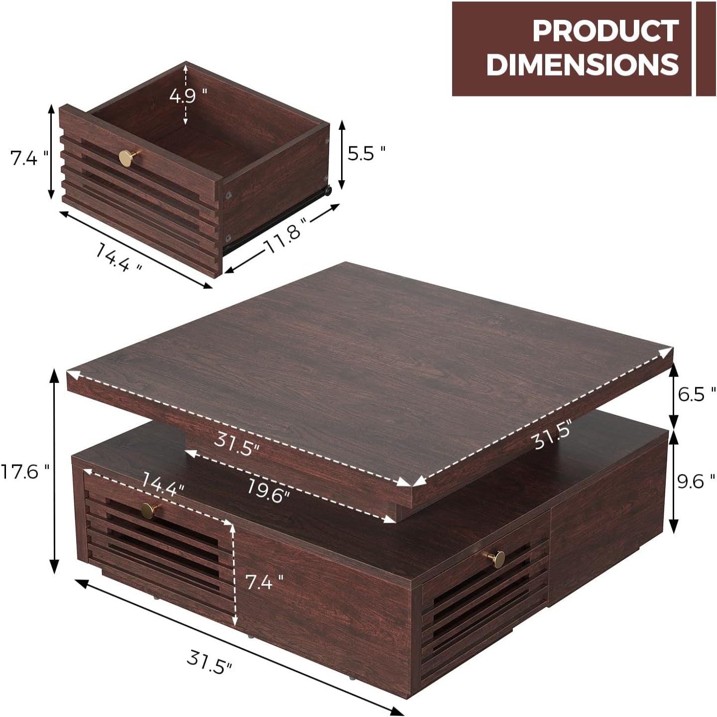 IRONCK Coffee Table with LED Light and Charging Statio, Walnut