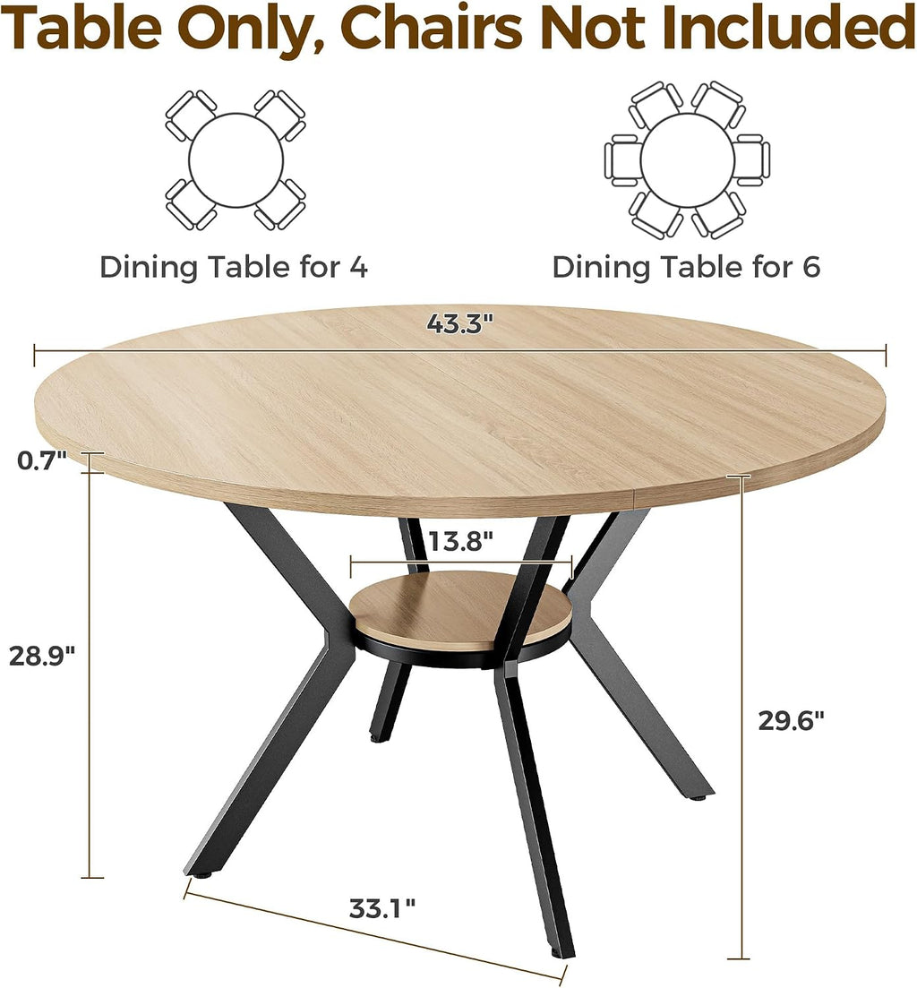 IRONCK Round Dining Table for 4, 43" Farmhouse Kitchen Table with Storage