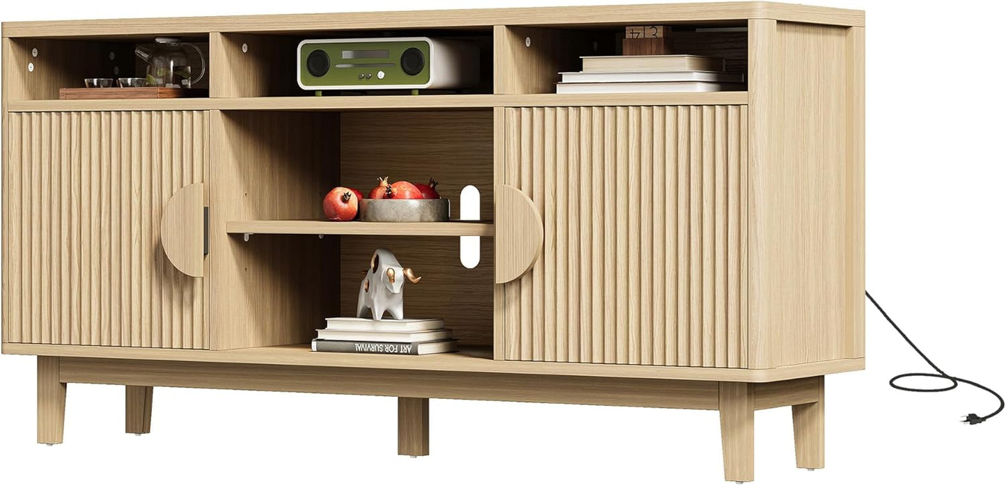 IRONCK TV Stand for 65 Inch TV, 59 Inch Entertainment Center with Storage and Charging Station, Modern Media Console with 3 Adjustable Shelf, Fluted Doors Design, Natural Oak