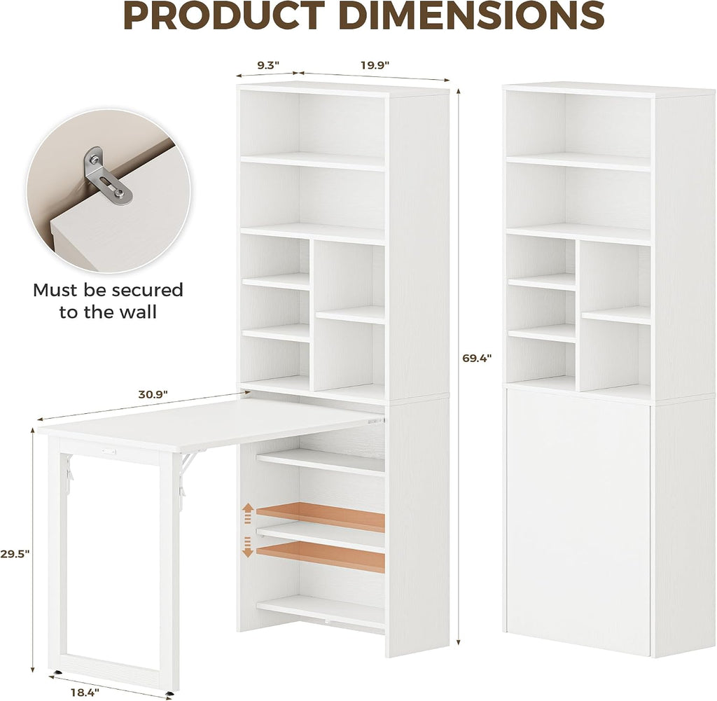 IRONCK Foldable Desk with Storage, Fold Out Murphy Desk Craft Table, White