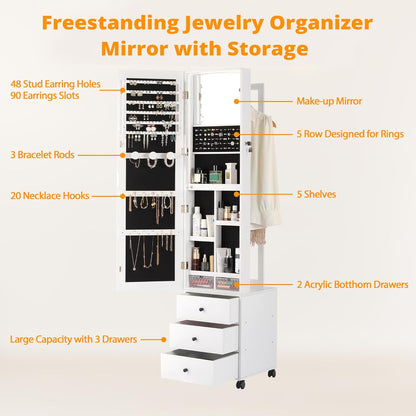 Jewelry Armoire with Mirror & 3 Drawers - Lockable Organizer on Wheels,White