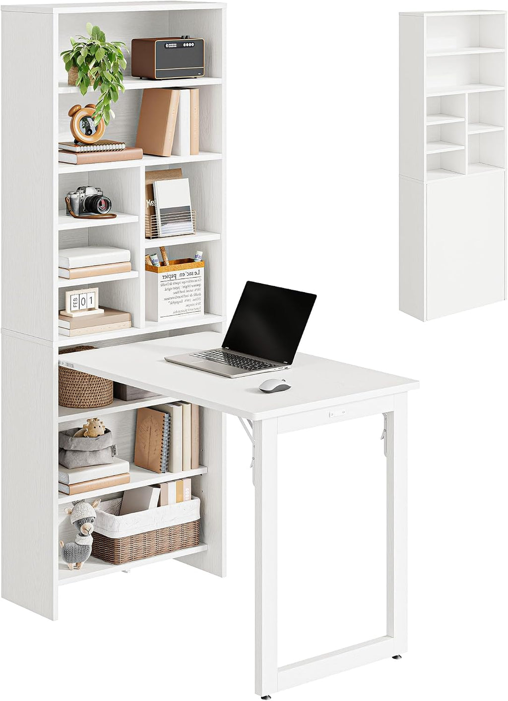 IRONCK Foldable Desk with Storage, Fold Out Murphy Desk Craft Table, White