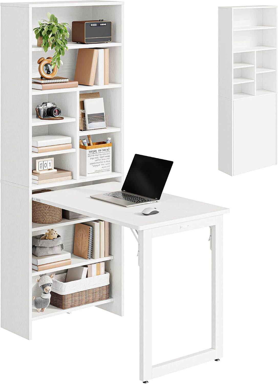 IRONCK Foldable Desk with Storage, Fold Out Murphy Desk Craft Table, White