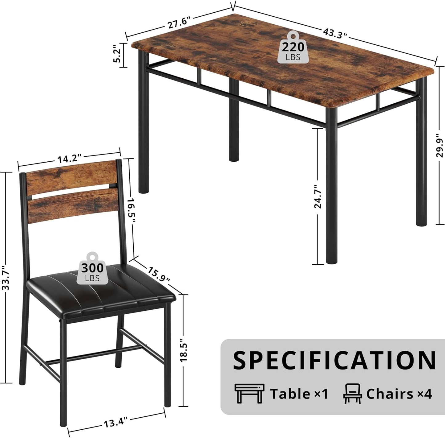 7 Furniture Dining Table Set for 4, Wood Kitchen Table with Upholstered Chairs for Kitchen Room and Small Spaces, Rustic Brown