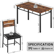 7 Furniture Dining Table Set for 4, Wood Kitchen Table with Upholstered Chairs for Kitchen Room and Small Spaces, Rustic Brown