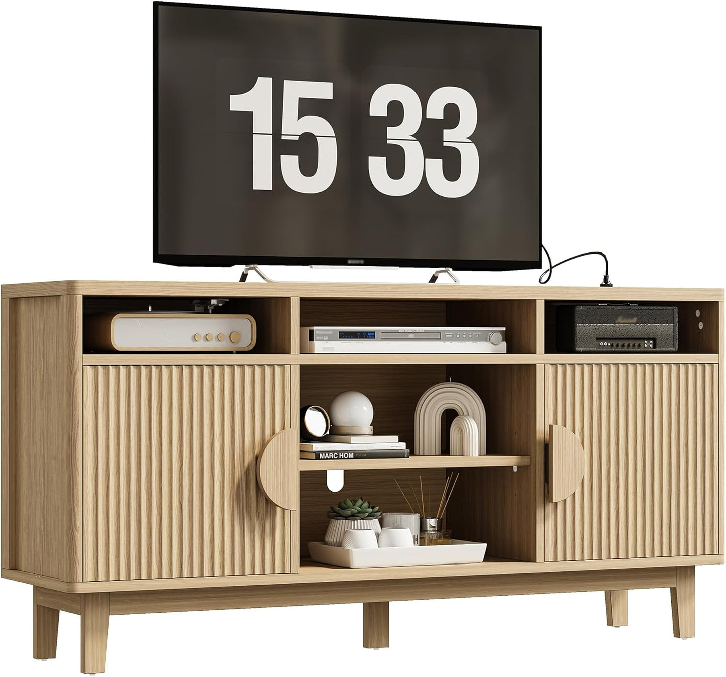 IRONCK TV Stand for 65 Inch TV, 59 Inch Entertainment Center with Storage and Charging Station, Modern Media Console with 3 Adjustable Shelf, Fluted Doors Design, Natural Oak