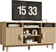 IRONCK TV Stand for 65 Inch TV, 59 Inch Entertainment Center with Storage and Charging Station, Modern Media Console with 3 Adjustable Shelf, Fluted Doors Design, Natural Oak